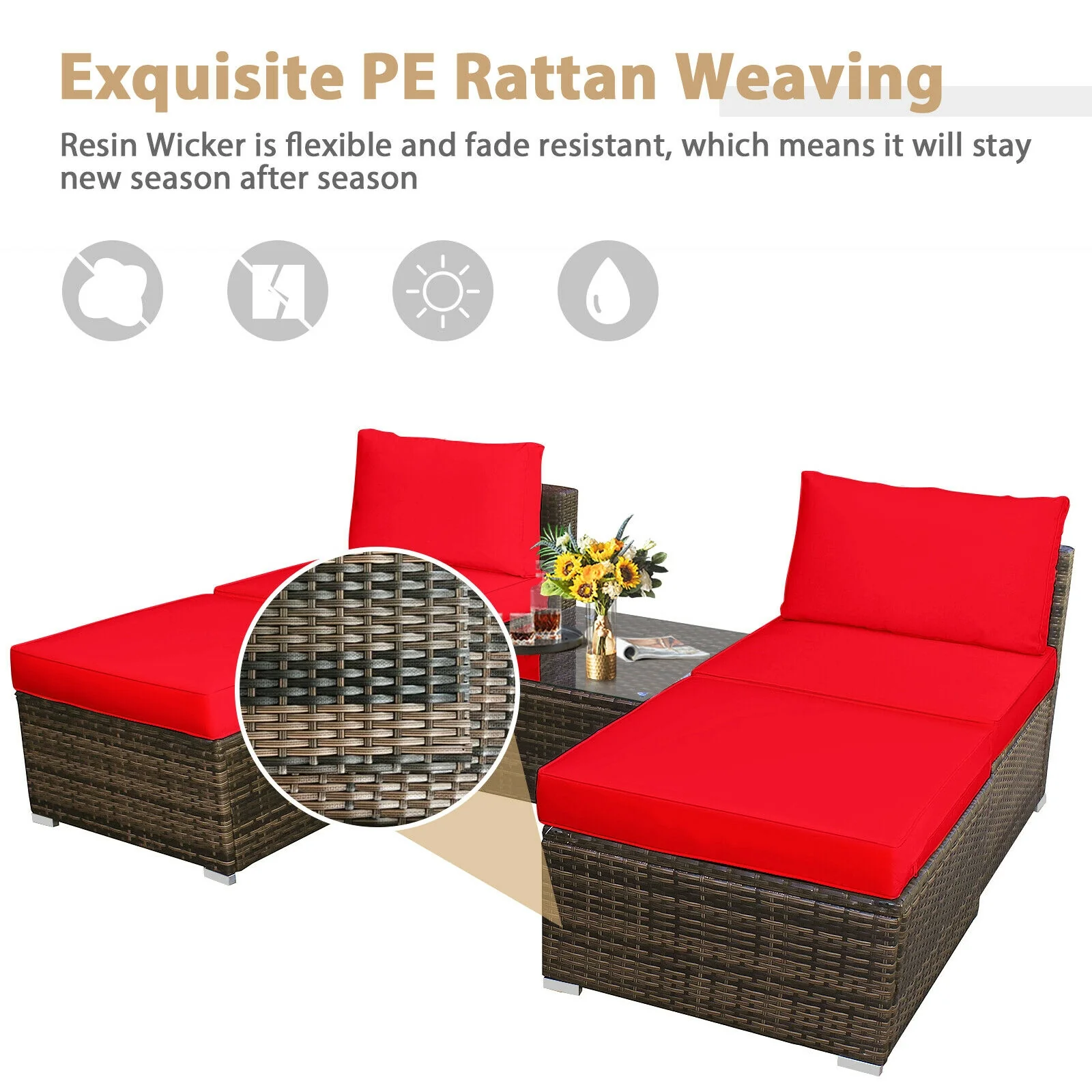 5-Piece Patio Rattan Furniture Set, Cushioned Armless Sofa, Red - Image 9