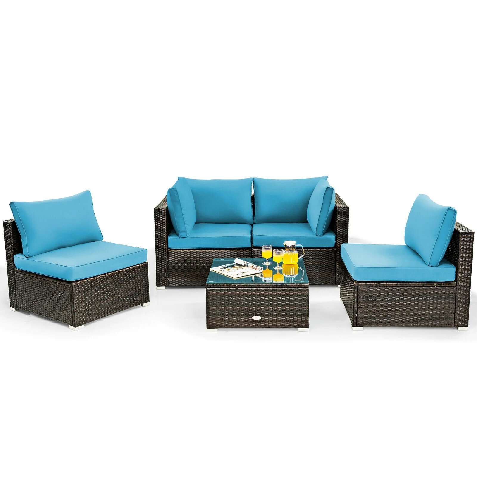 5 Piece Patio Rattan Furniture Set, Glass Table, Turquoise - Image 10