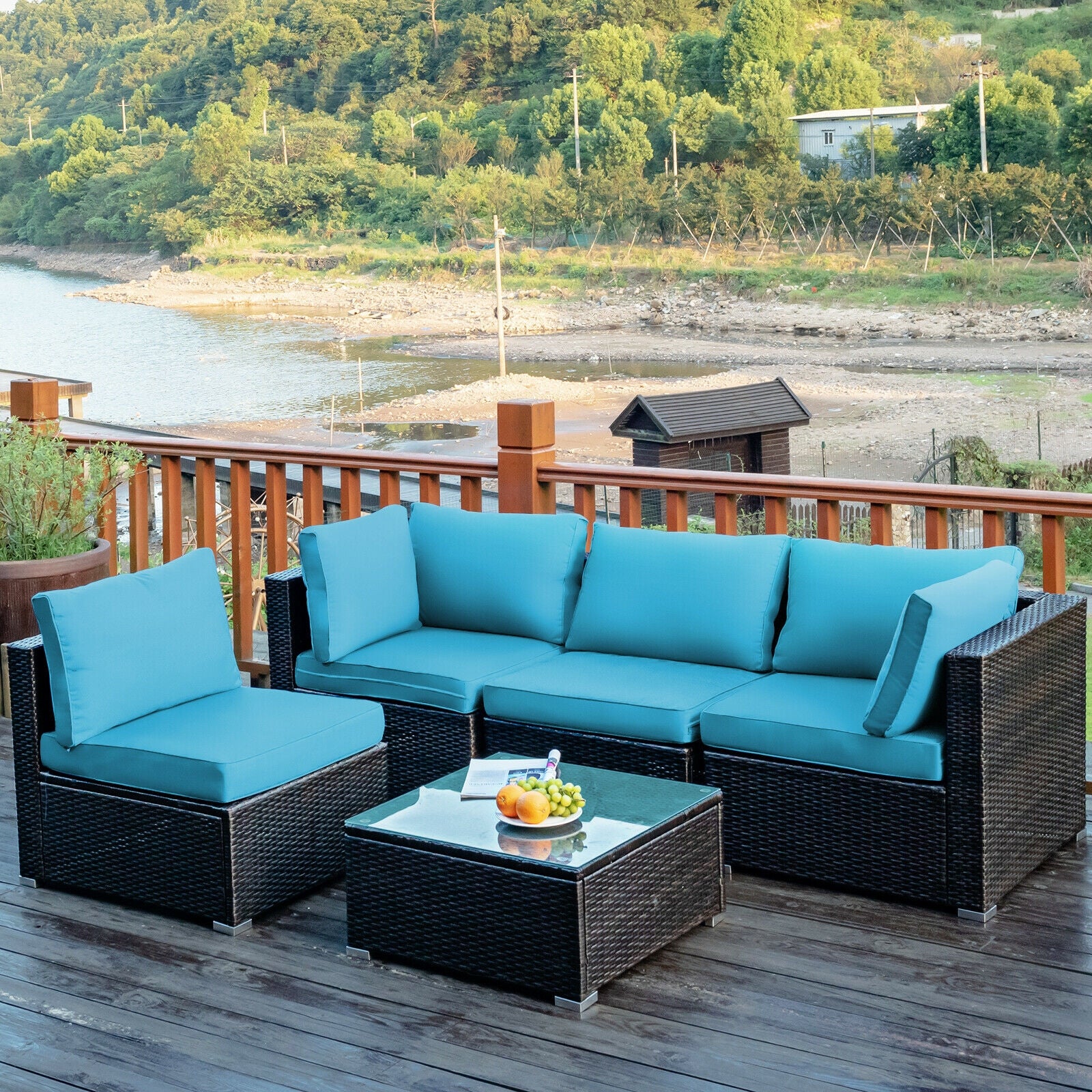 5 Piece Patio Rattan Furniture Set, Glass Table, Turquoise - Image 2