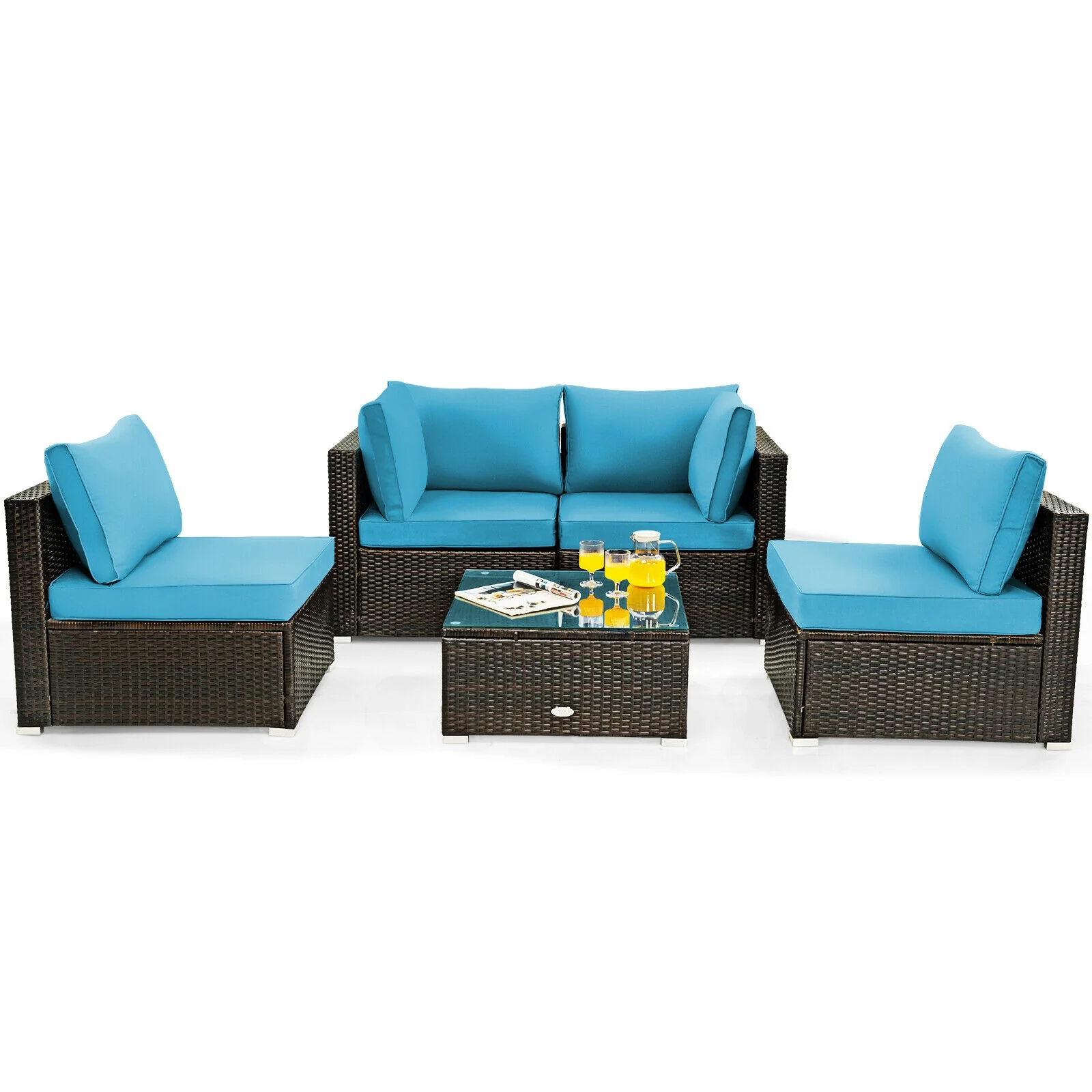 5 Piece Patio Rattan Furniture Set, Glass Table, Turquoise - Image 4