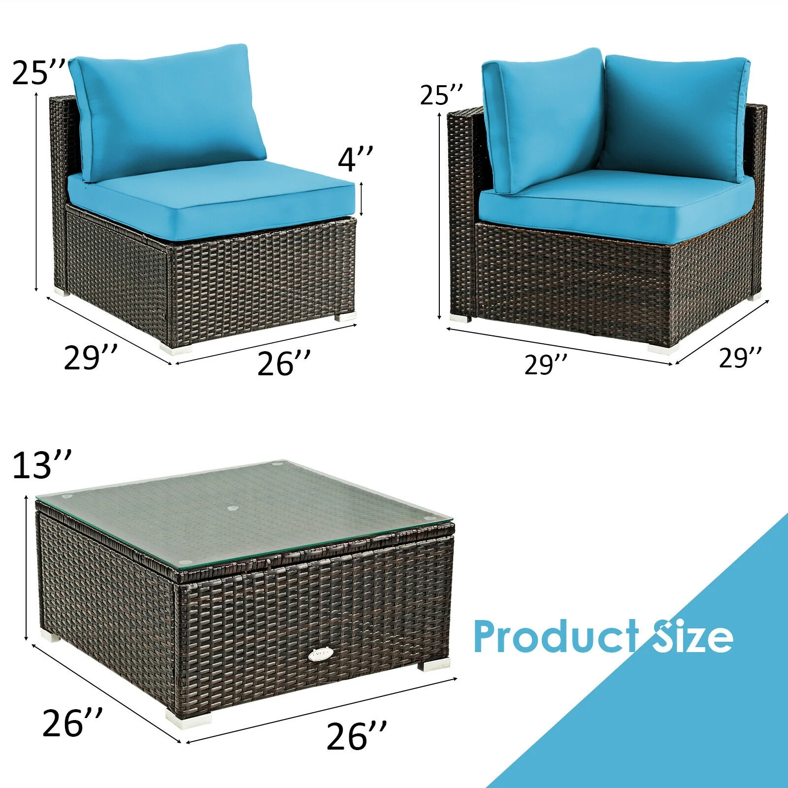 5 Piece Patio Rattan Furniture Set, Glass Table, Turquoise - Image 5