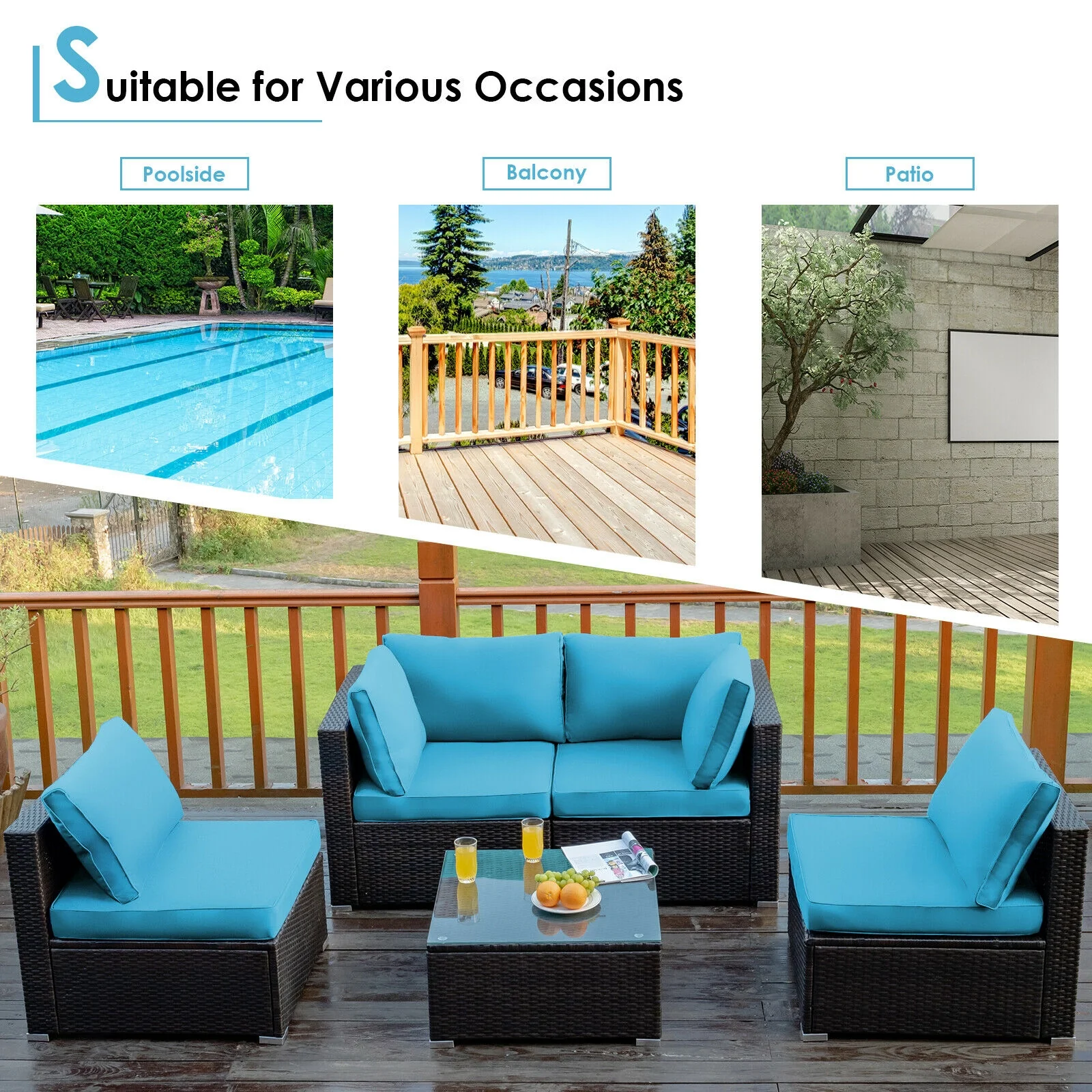 5 Piece Patio Rattan Furniture Set, Glass Table, Turquoise - Image 6