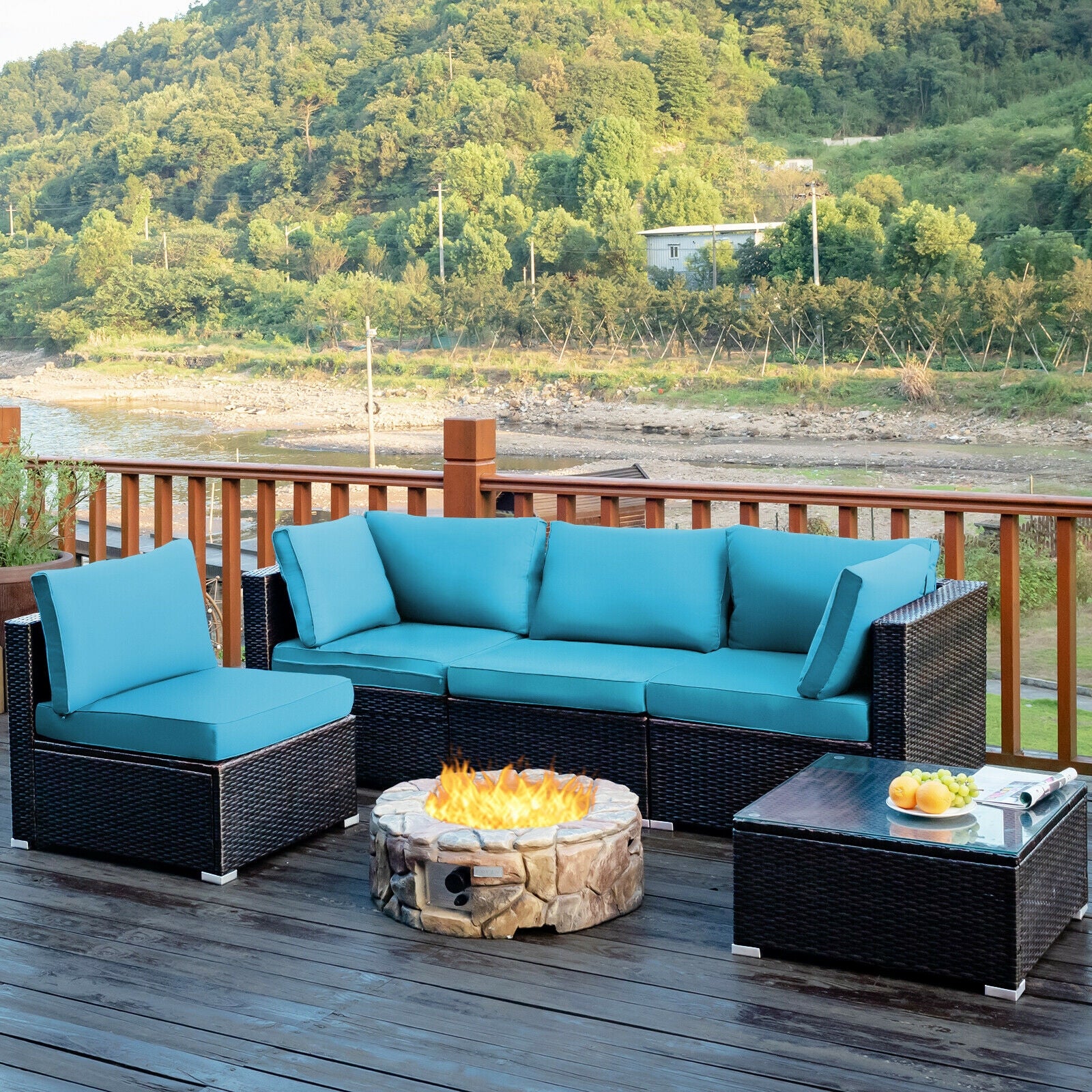 5 Piece Patio Rattan Furniture Set, Glass Table, Turquoise - Image 7