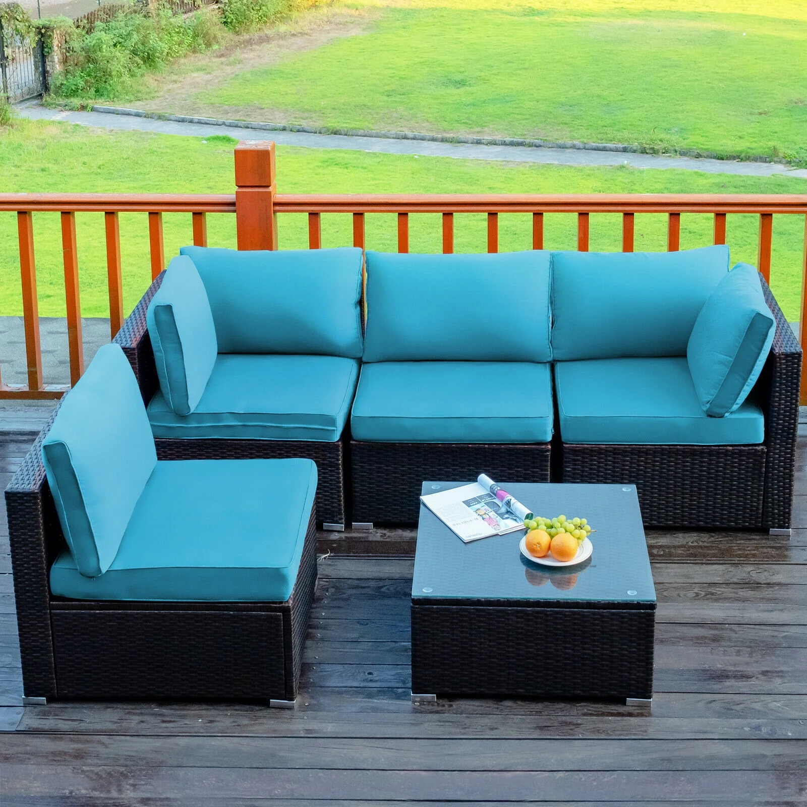 5 Piece Patio Rattan Furniture Set, Glass Table, Turquoise - Image 8