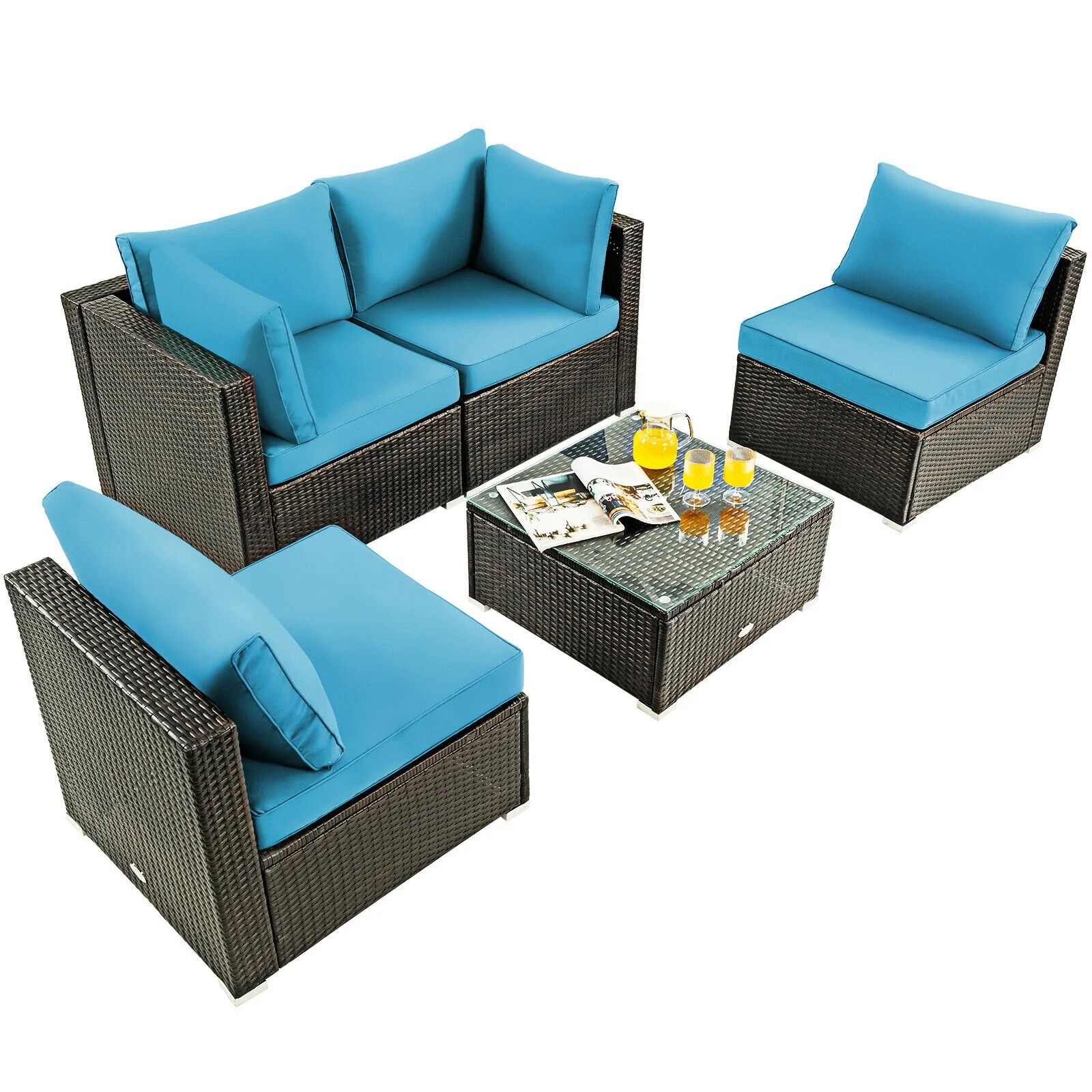 5 Piece Patio Rattan Furniture Set, Glass Table, Turquoise - Image 9