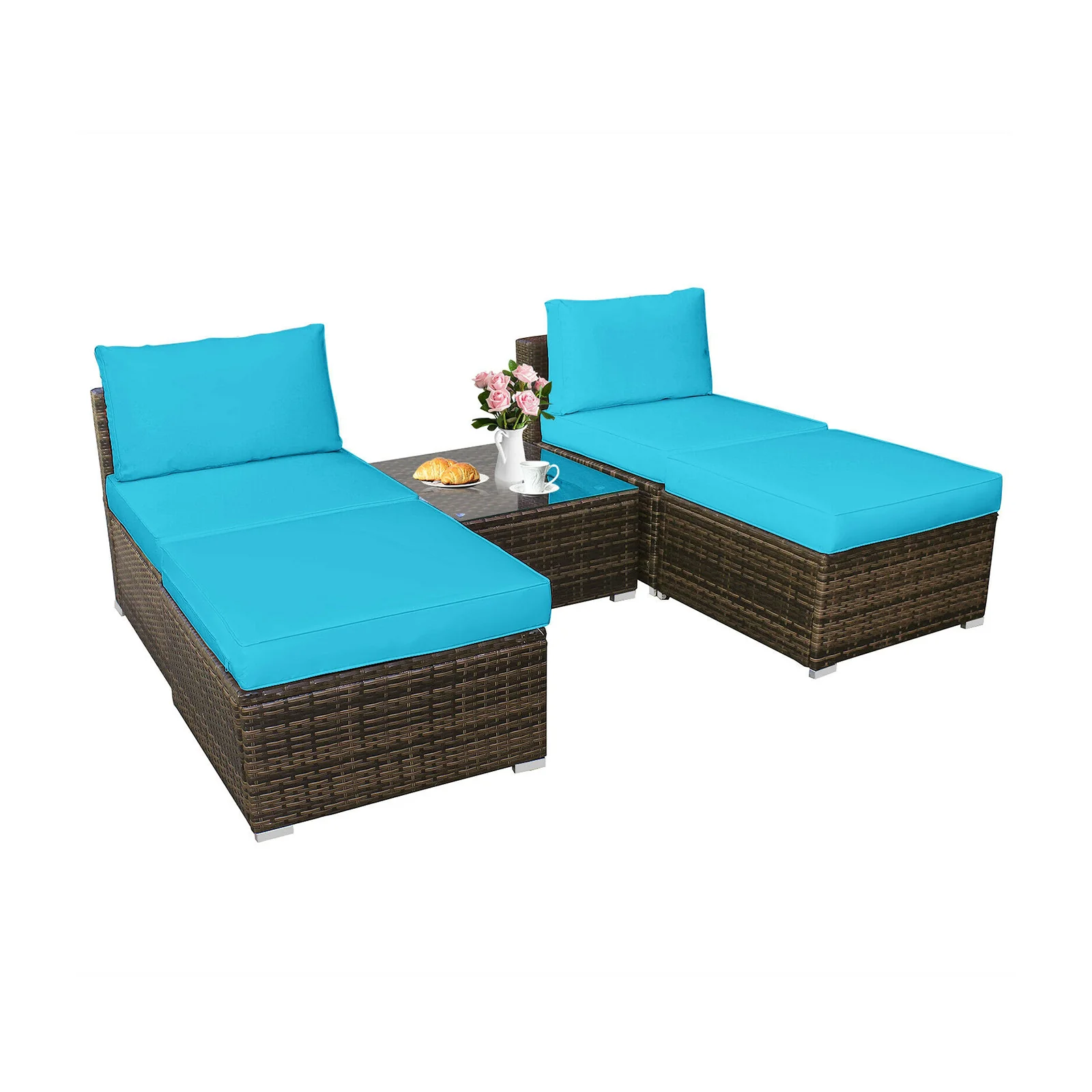 5 Piece Patio Rattan Furniture Set, Turquoise