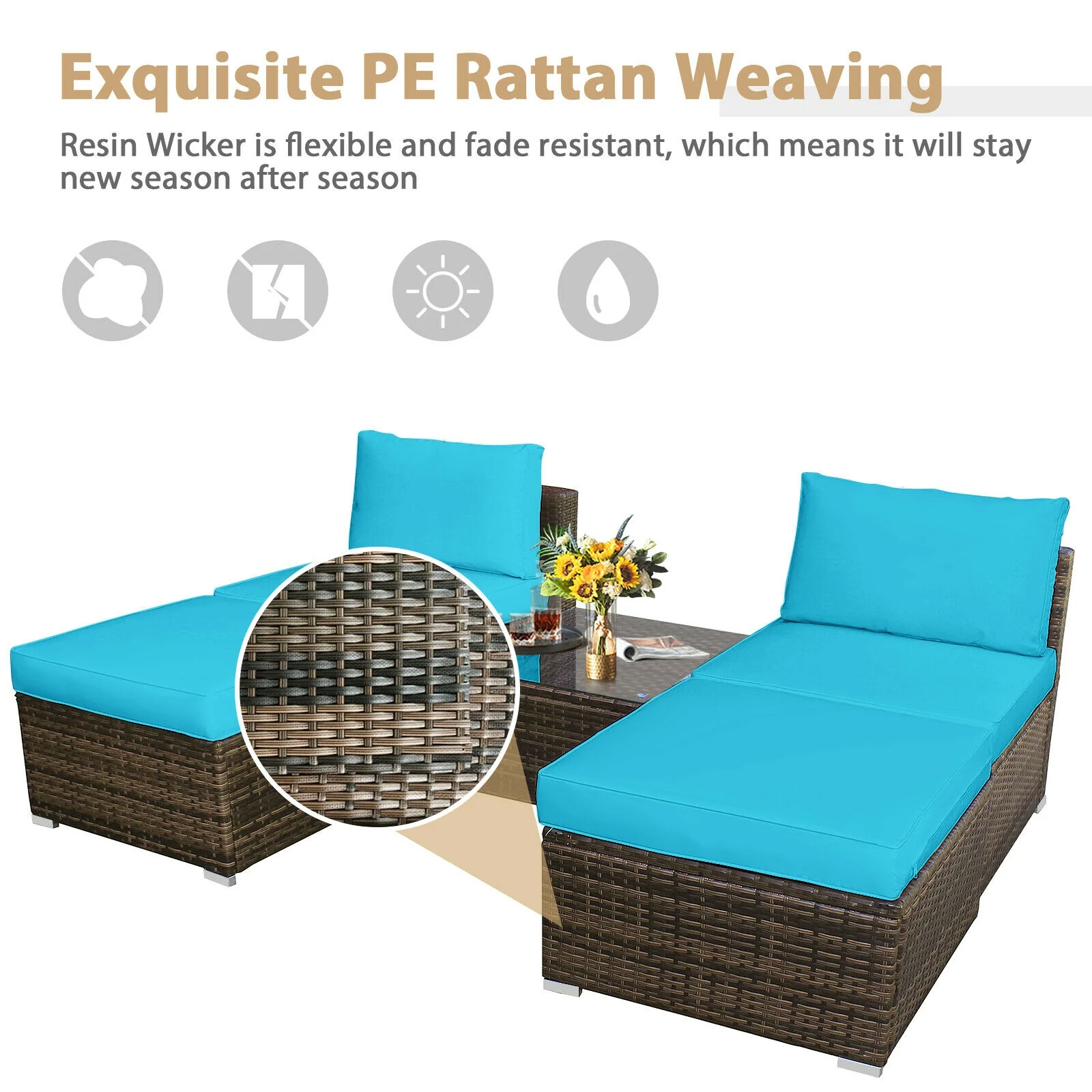5 Piece Patio Rattan Furniture Set, Turquoise - Image 10