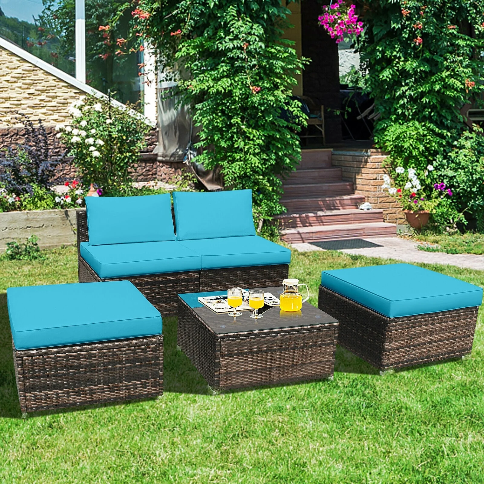5 Piece Patio Rattan Furniture Set, Turquoise - Image 2