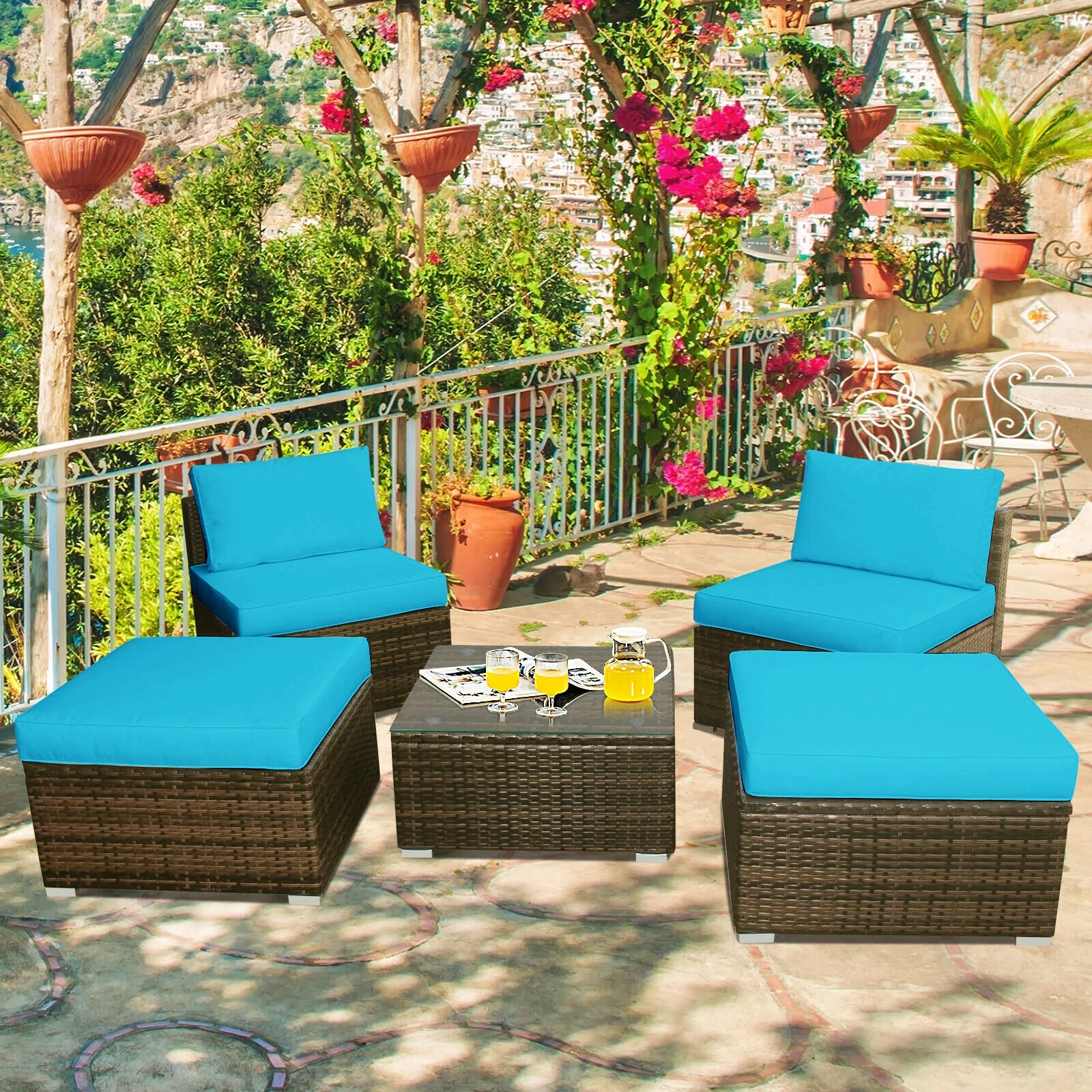 5 Piece Patio Rattan Furniture Set, Turquoise - Image 3