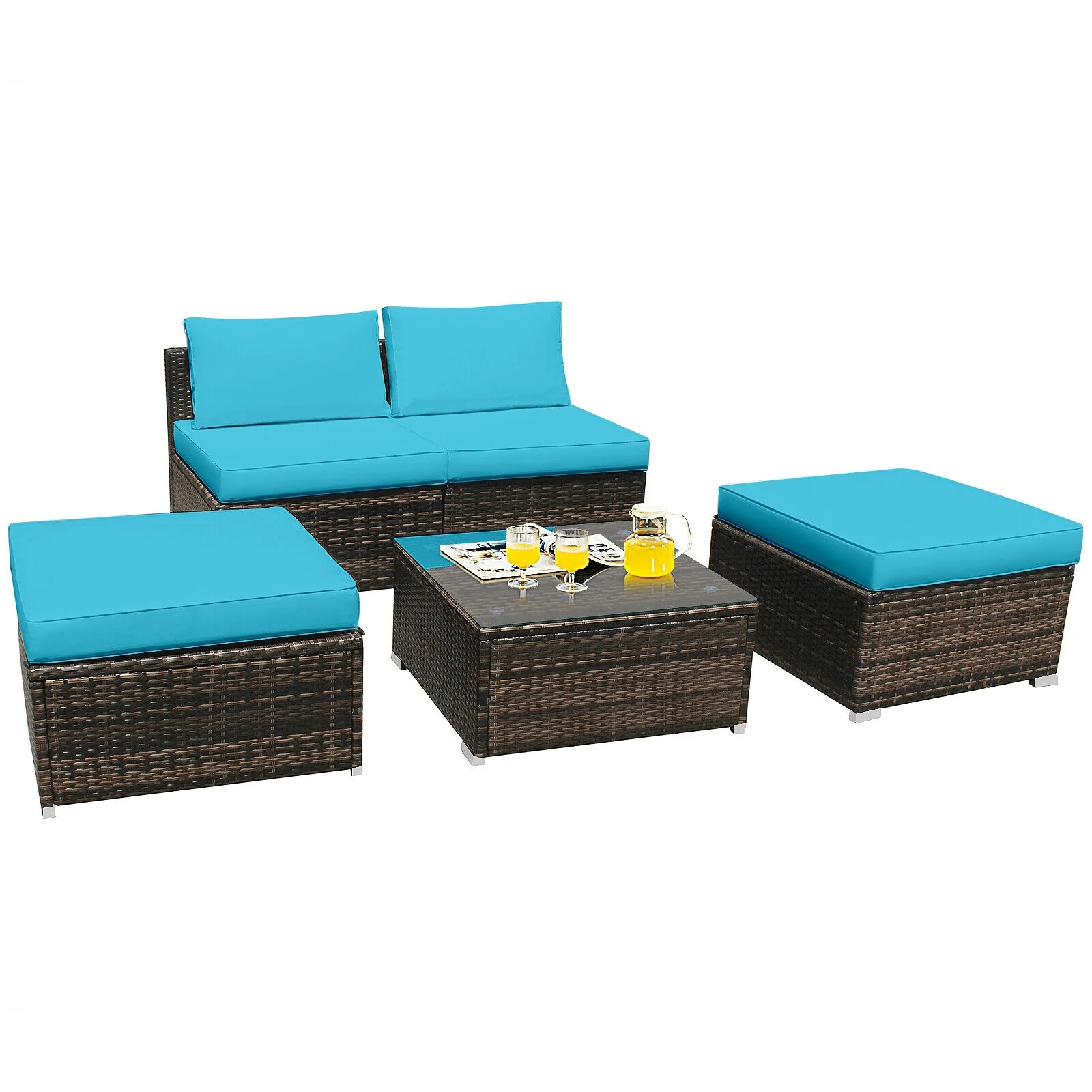 5 Piece Patio Rattan Furniture Set, Turquoise - Image 5