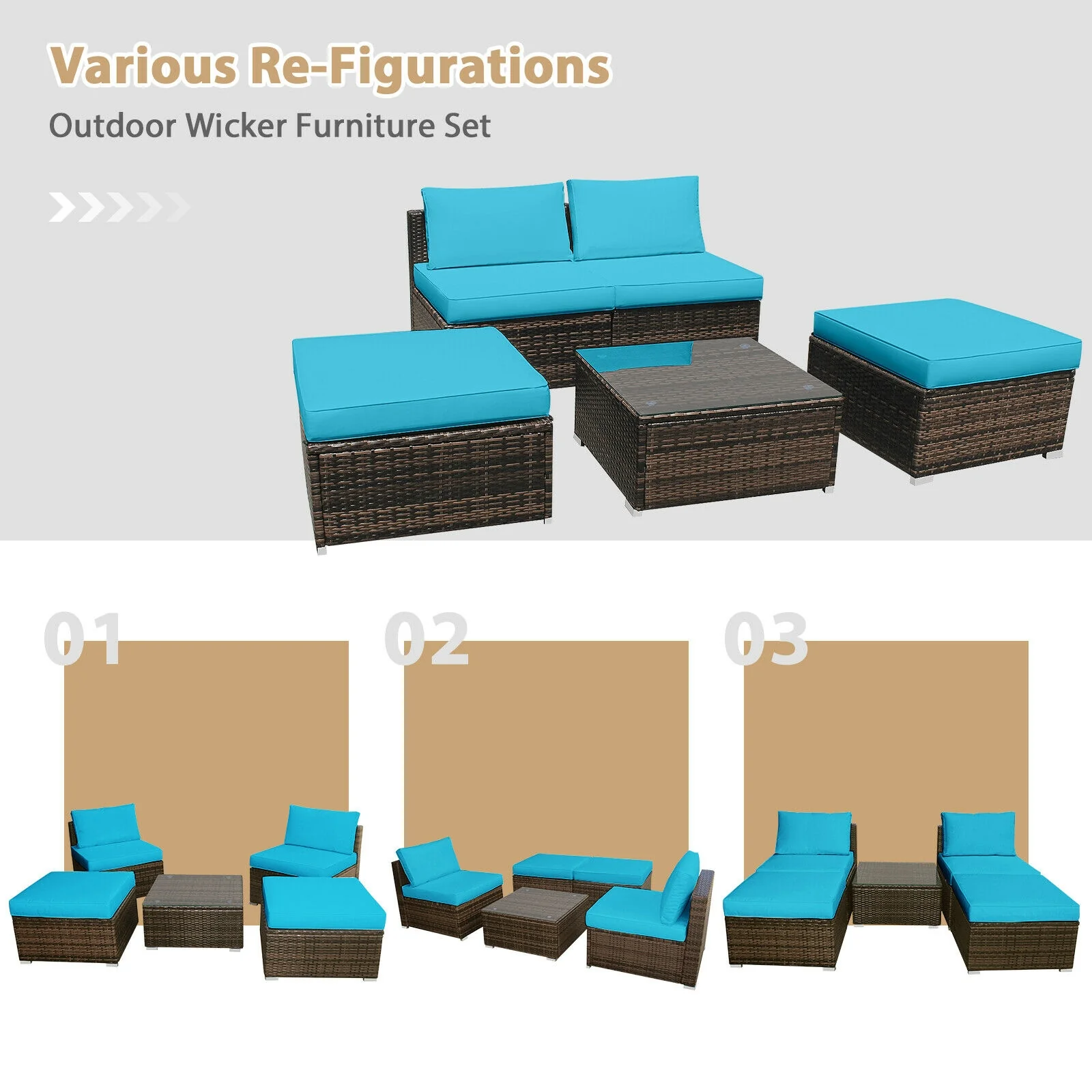 5 Piece Patio Rattan Furniture Set, Turquoise - Image 7
