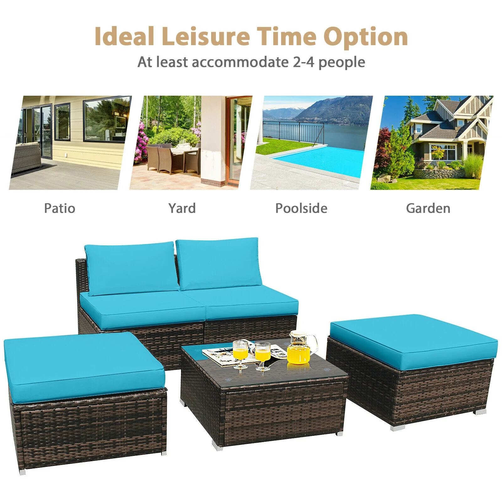 5 Piece Patio Rattan Furniture Set, Turquoise - Image 9
