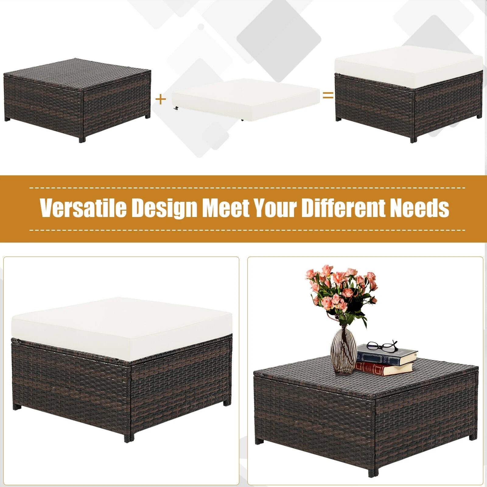 5 Piece Patio Rattan Furniture Set, White - Image 10
