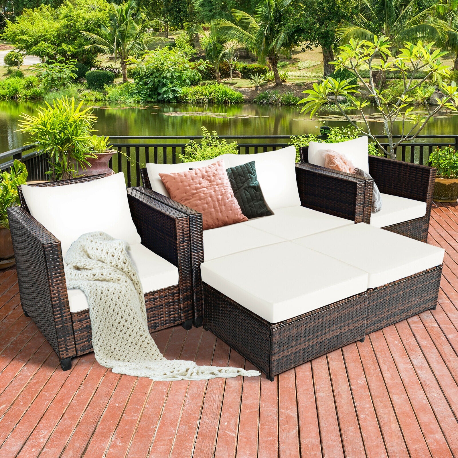 5 Piece Patio Rattan Furniture Set, White - Image 2