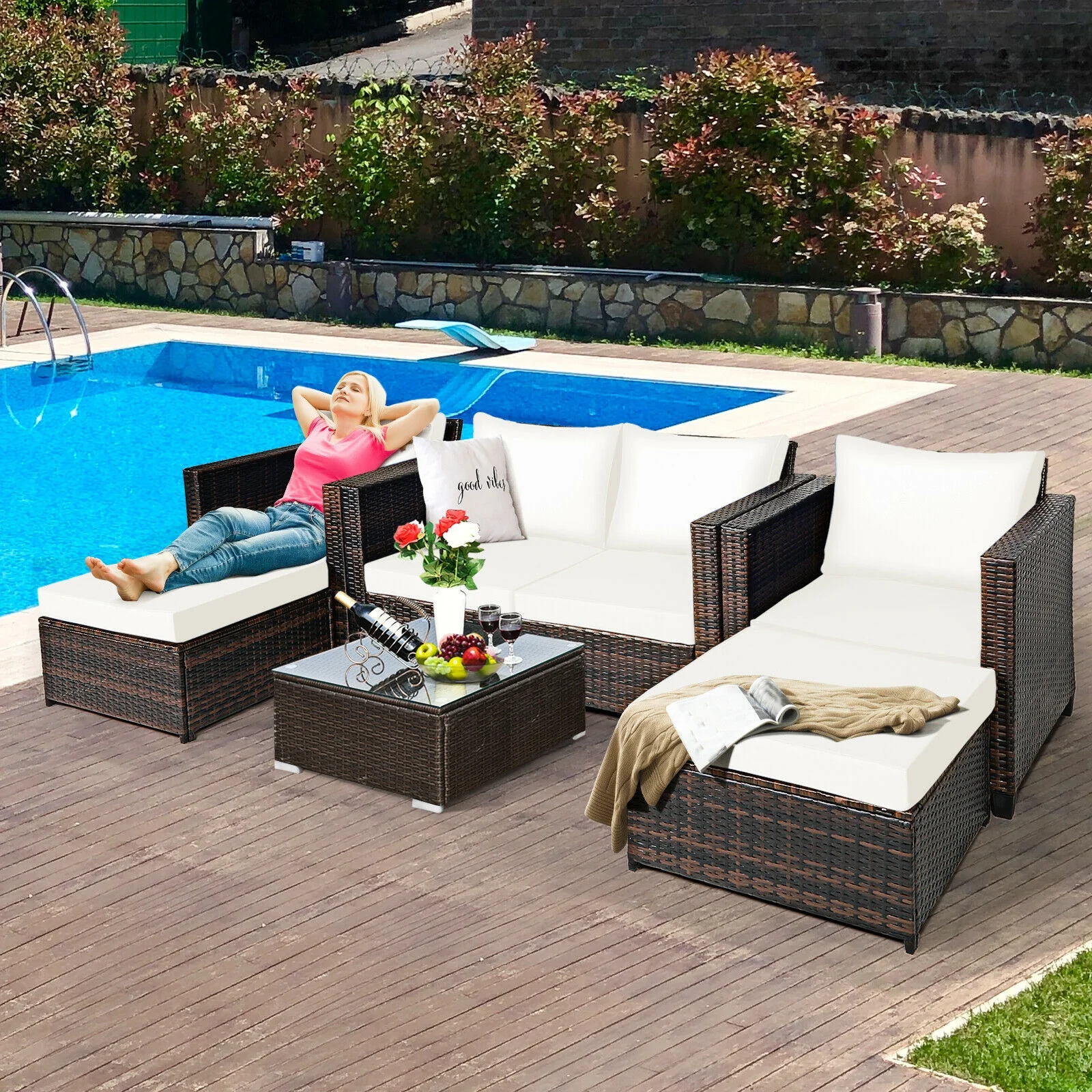 5 Piece Patio Rattan Furniture Set, White - Image 3