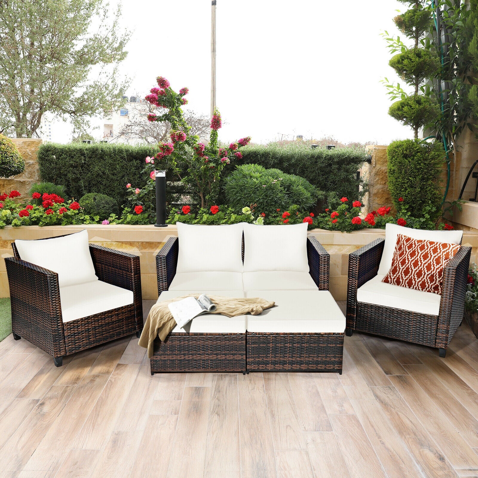 5 Piece Patio Rattan Furniture Set, White - Image 7