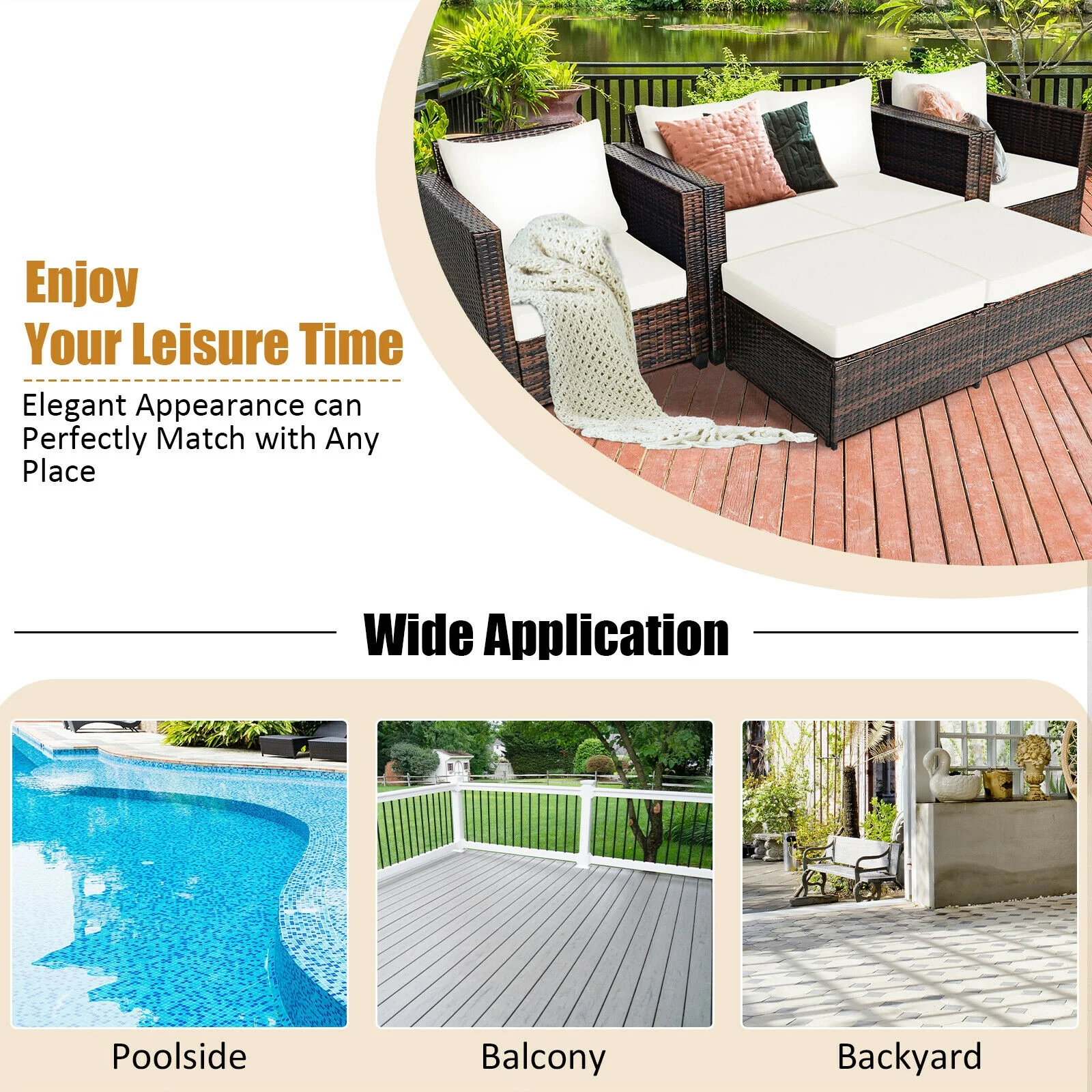 5 Piece Patio Rattan Furniture Set, White - Image 9