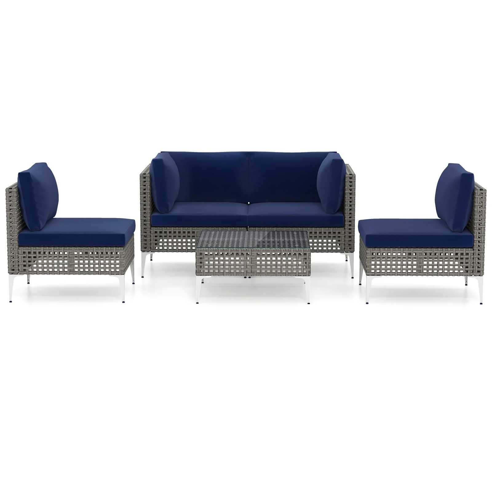 5 Piece Patio Rattan Furniture Set, With Tempered Glass Coffee Table, Navy