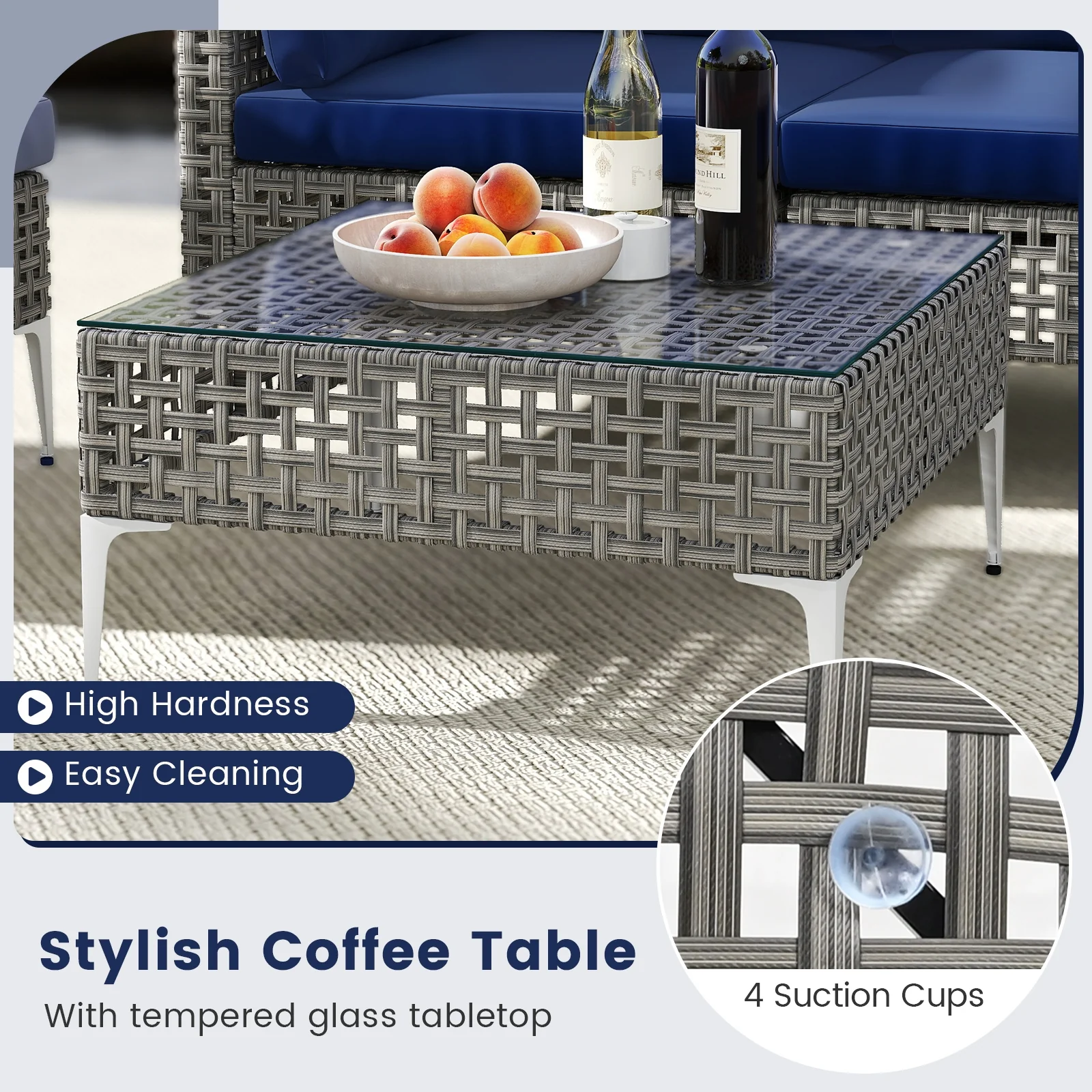 5 Piece Patio Rattan Furniture Set, With Tempered Glass Coffee Table, Navy - Image 10