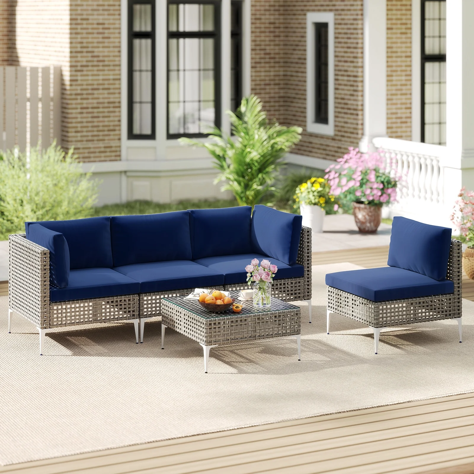 5 Piece Patio Rattan Furniture Set, With Tempered Glass Coffee Table, Navy - Image 2
