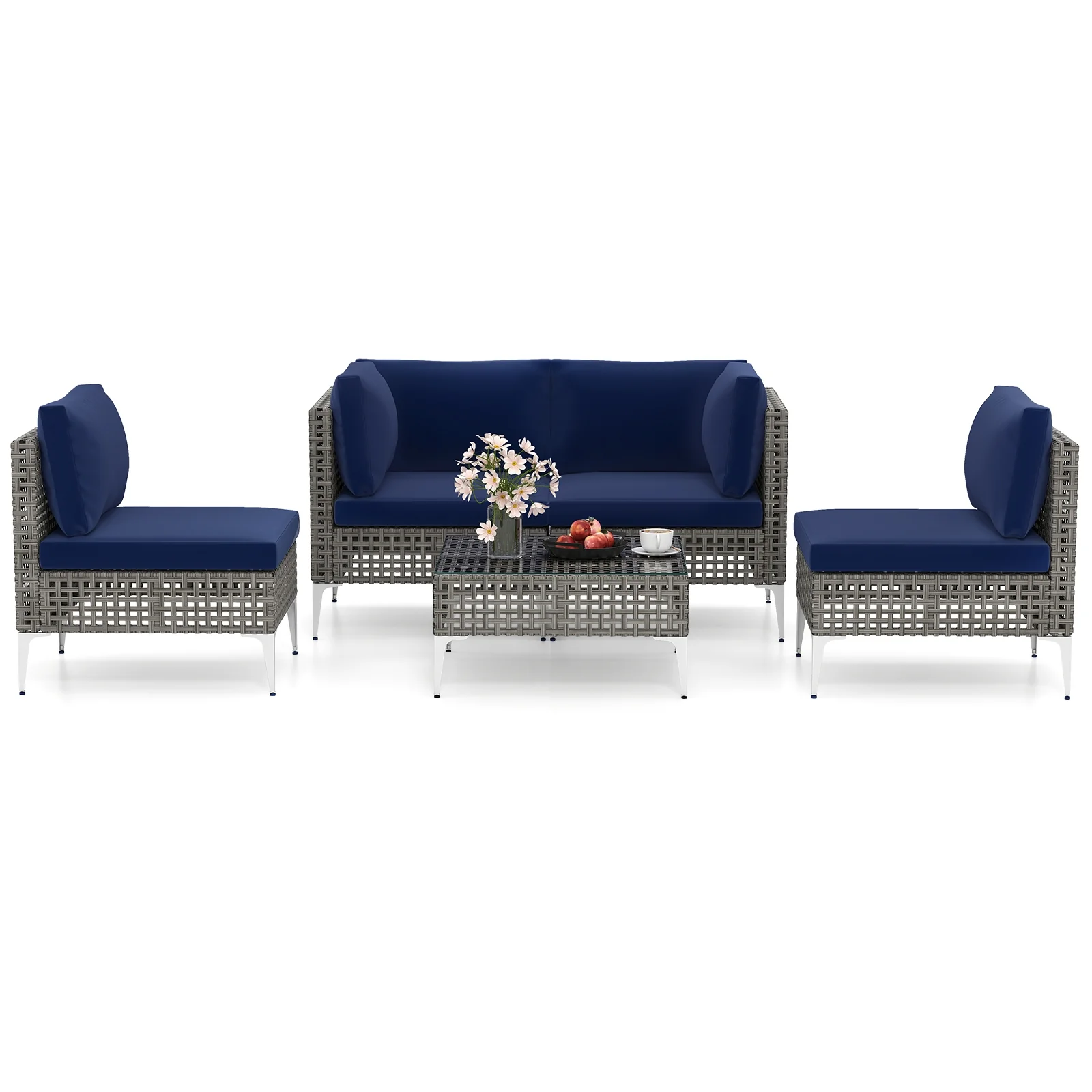 5 Piece Patio Rattan Furniture Set, With Tempered Glass Coffee Table, Navy - Image 5