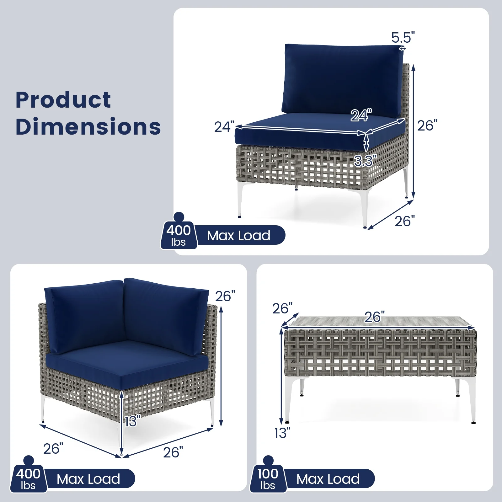 5 Piece Patio Rattan Furniture Set, With Tempered Glass Coffee Table, Navy - Image 6