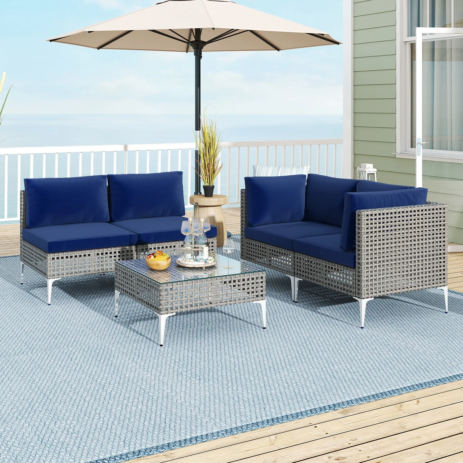 5 Piece Patio Rattan Furniture Set, With Tempered Glass Coffee Table, Navy - Image 7