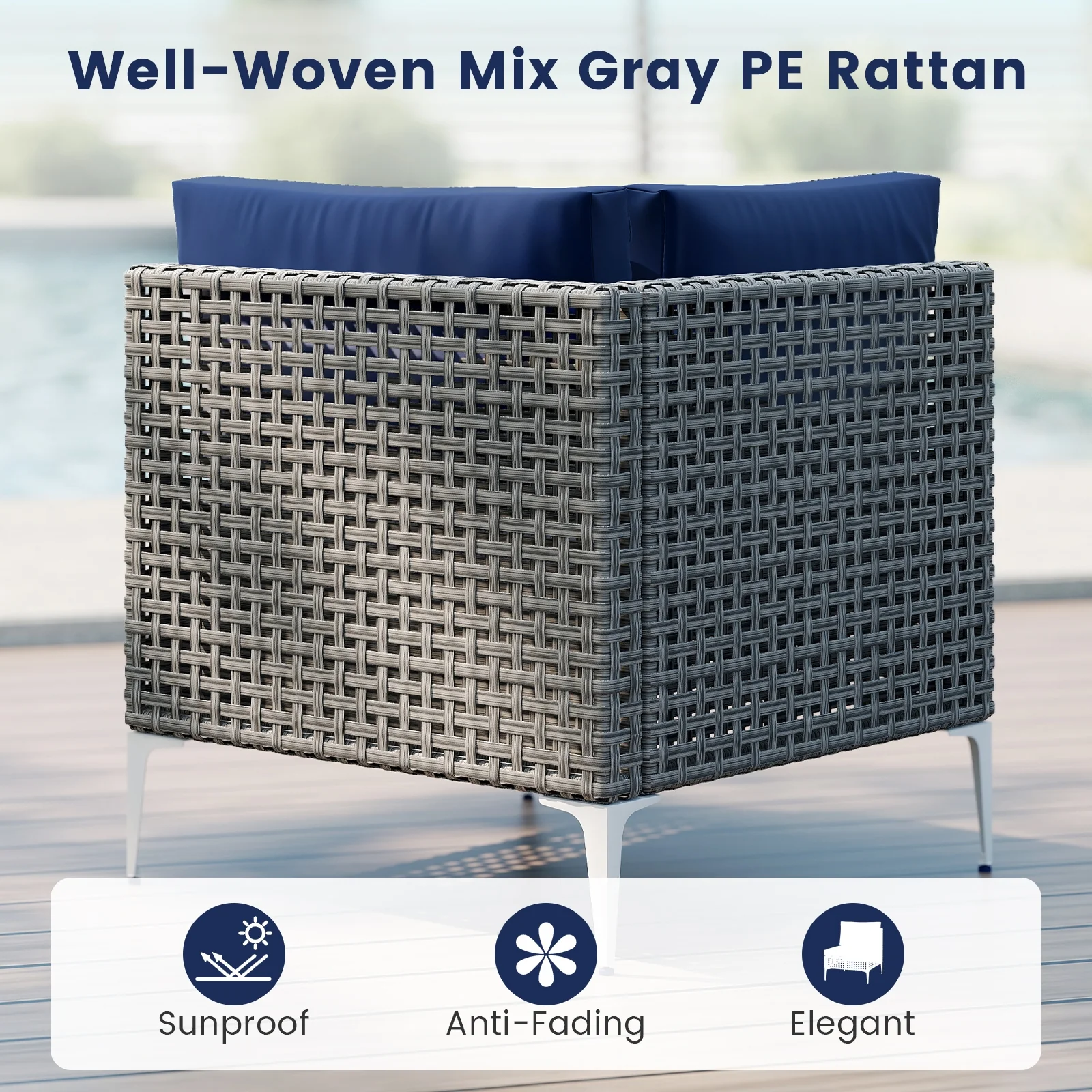 5 Piece Patio Rattan Furniture Set, With Tempered Glass Coffee Table, Navy - Image 8