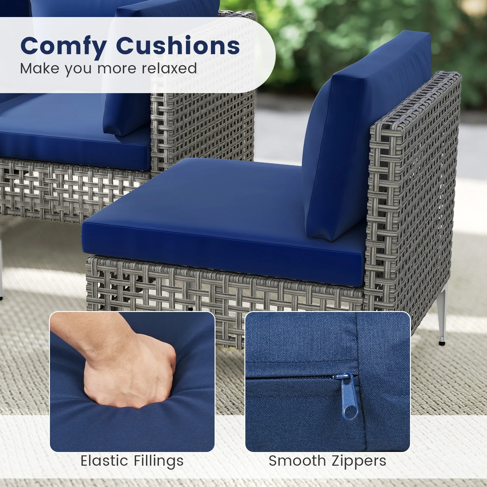 5 Piece Patio Rattan Furniture Set, With Tempered Glass Coffee Table, Navy - Image 9