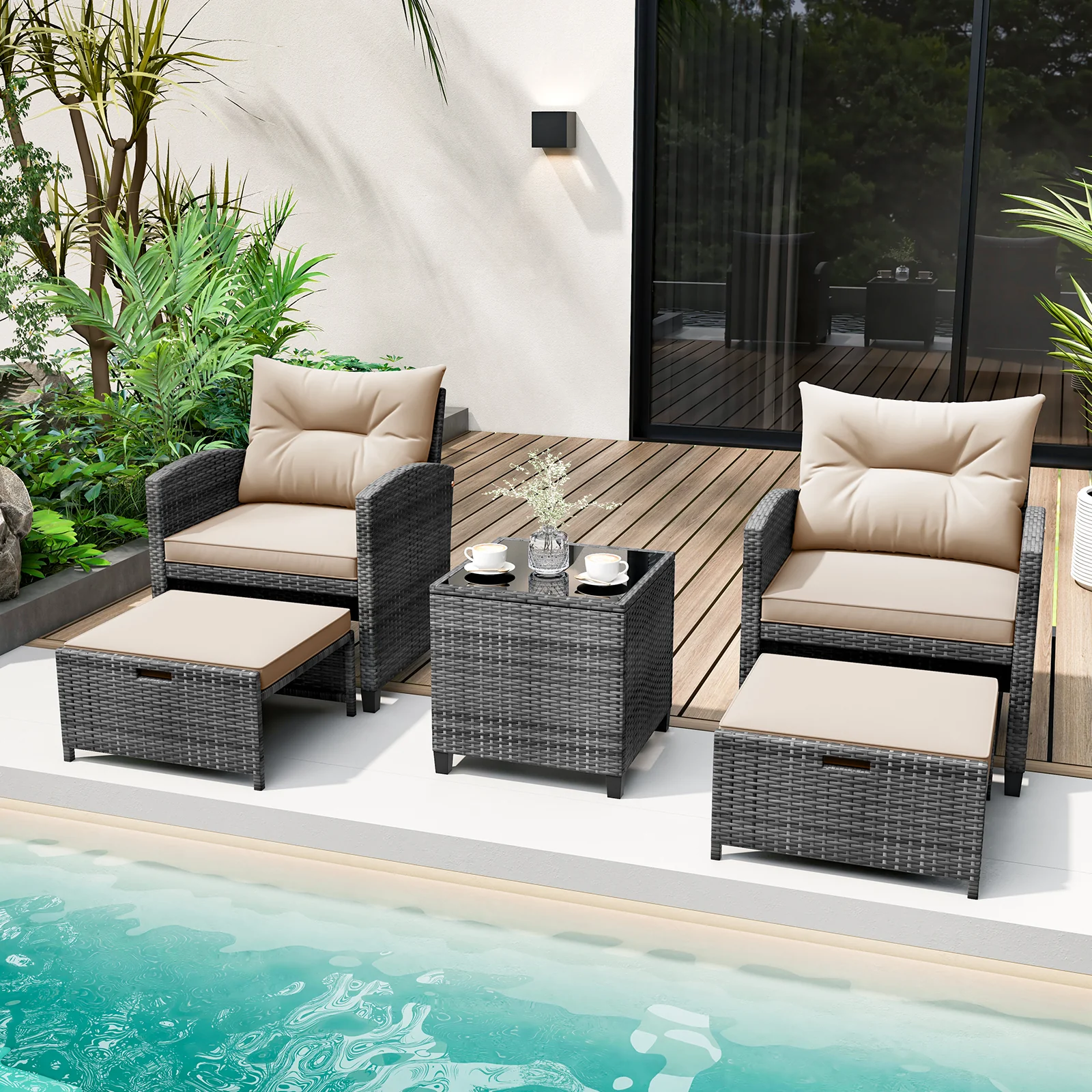 5 Piece Patio Rattan Furniture with 2 Ottomans and Tempered Glass Coffee Table, Beige - Image 2