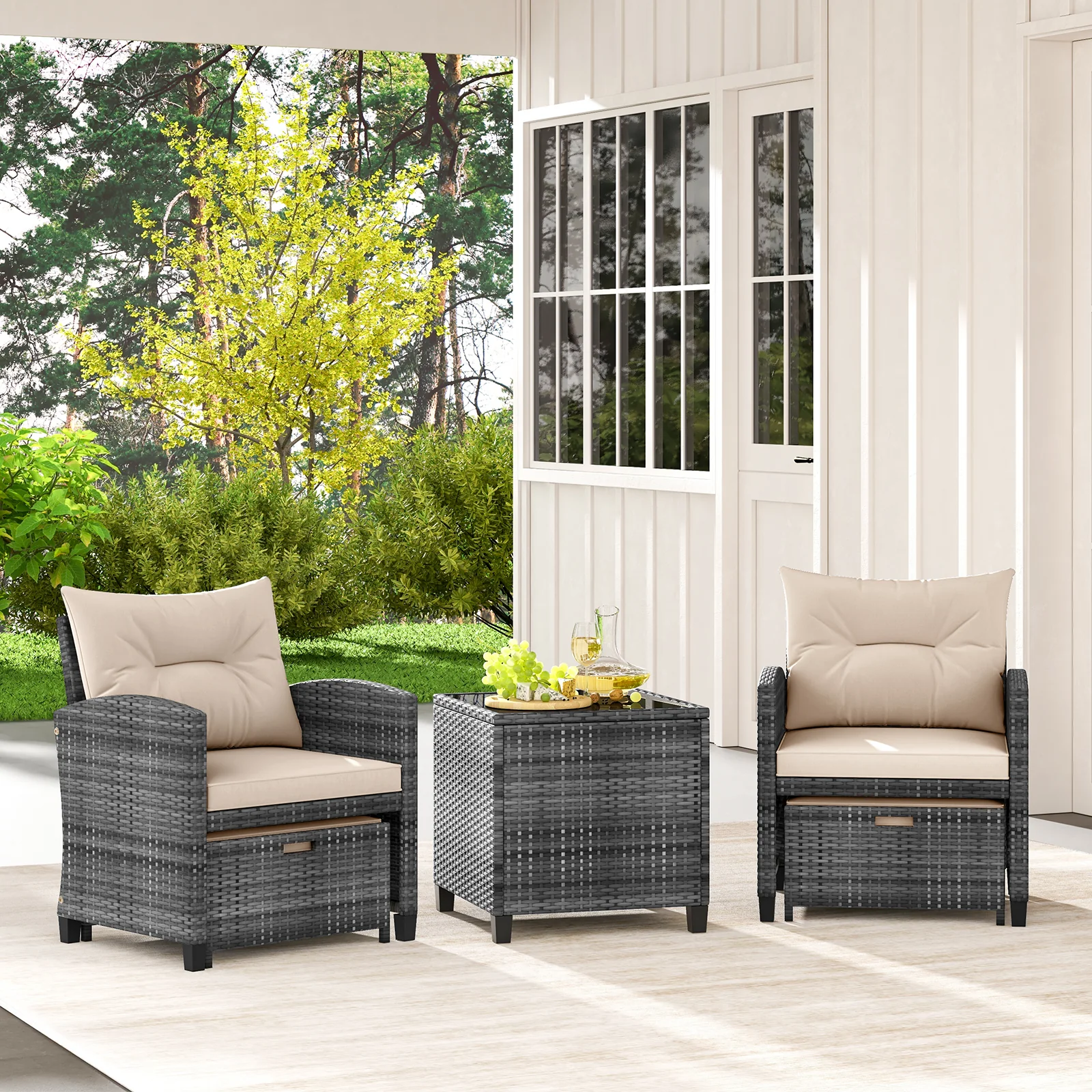 5 Piece Patio Rattan Furniture with 2 Ottomans and Tempered Glass Coffee Table, Beige - Image 3