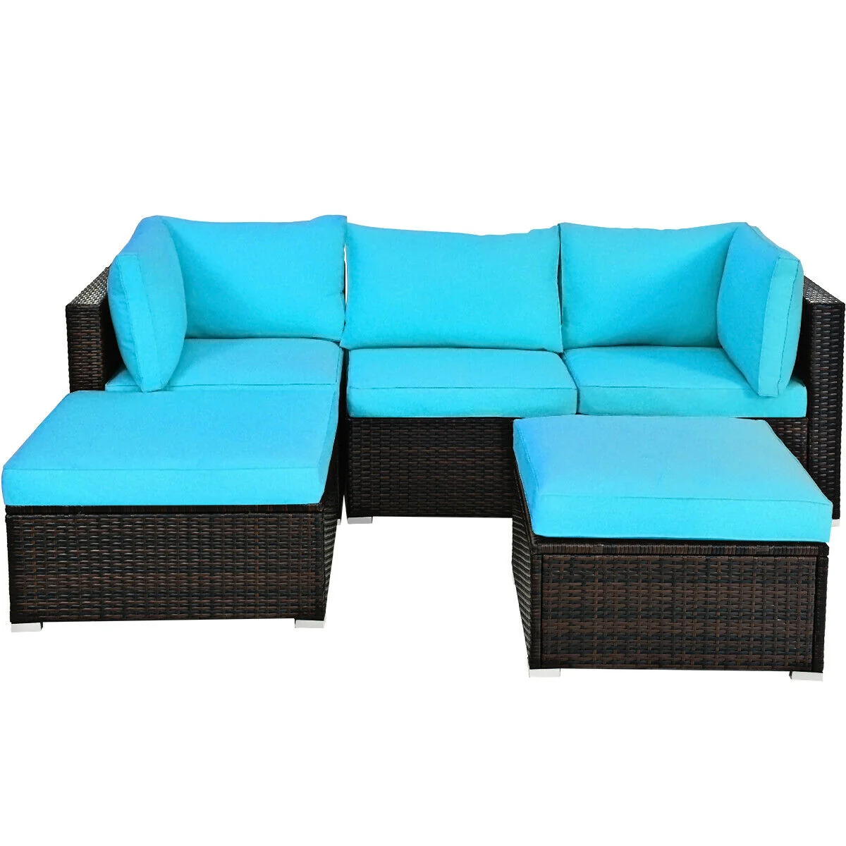 5 Piece Patio Rattan Sectional Ottoman Set, Blue - Image 10