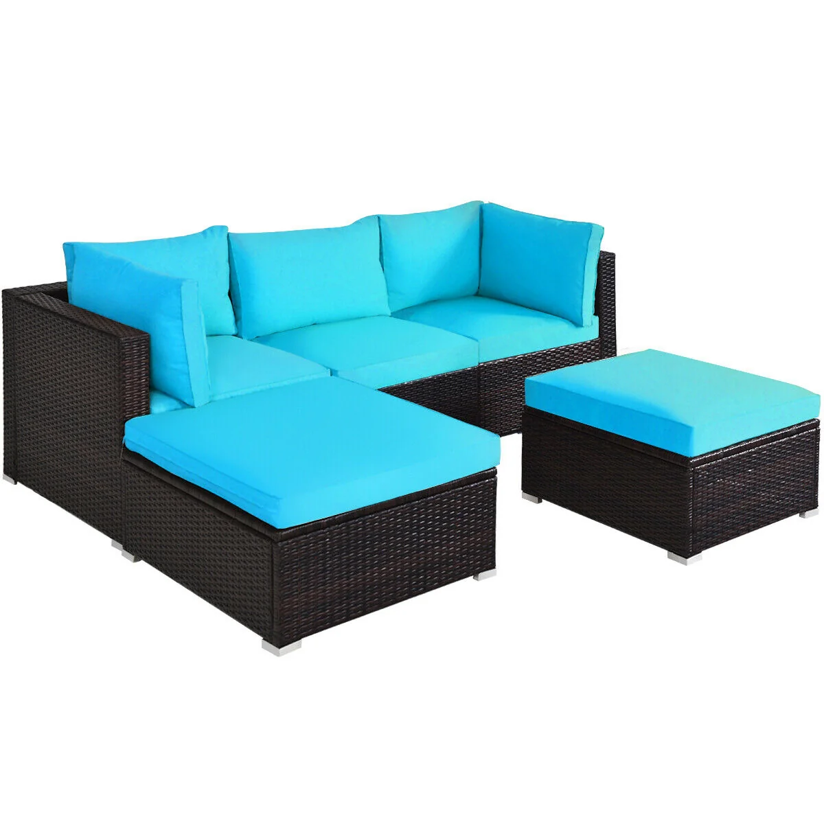 5 Piece Patio Rattan Sectional Ottoman Set, Blue - Image 4