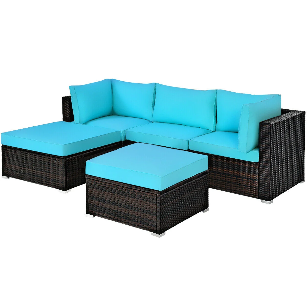 5 Piece Patio Rattan Sectional Ottoman Set, Blue - Image 5