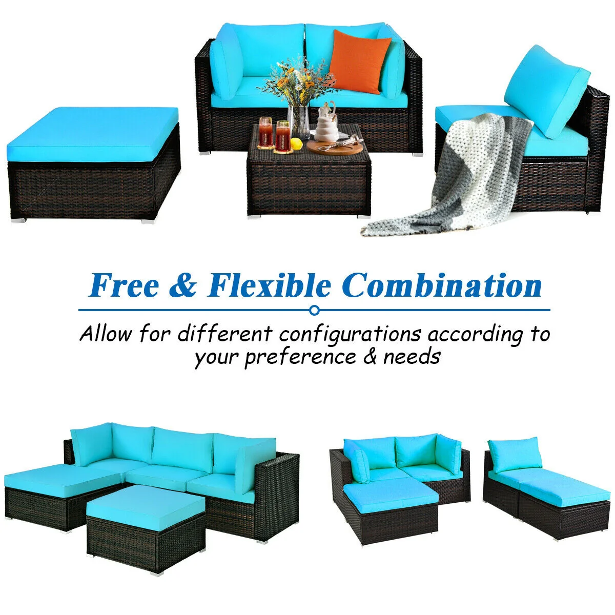 5 Piece Patio Rattan Sectional Ottoman Set, Blue - Image 8