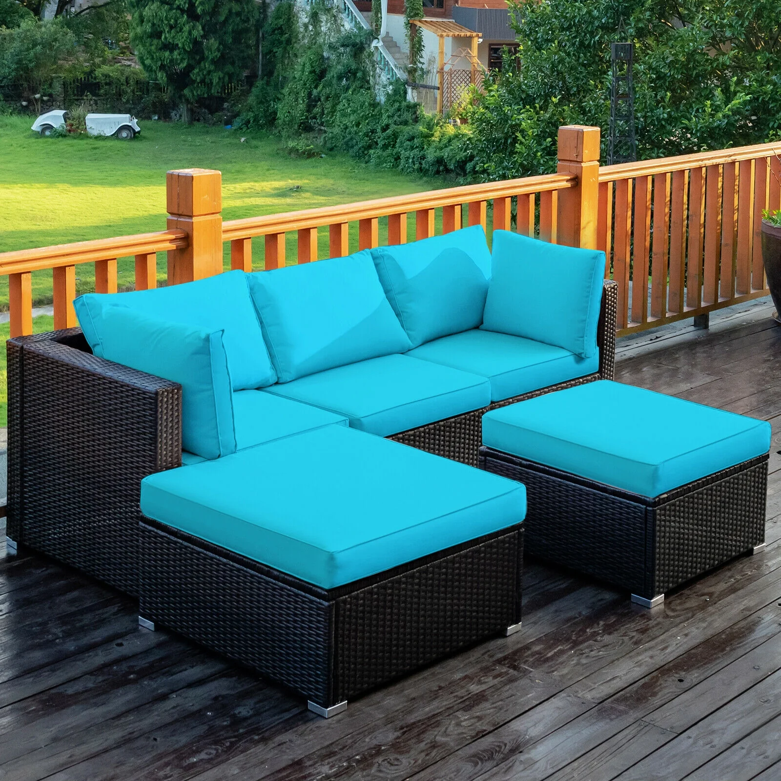 5 Piece Patio Rattan Sectional Ottoman Set, Blue - Image 9