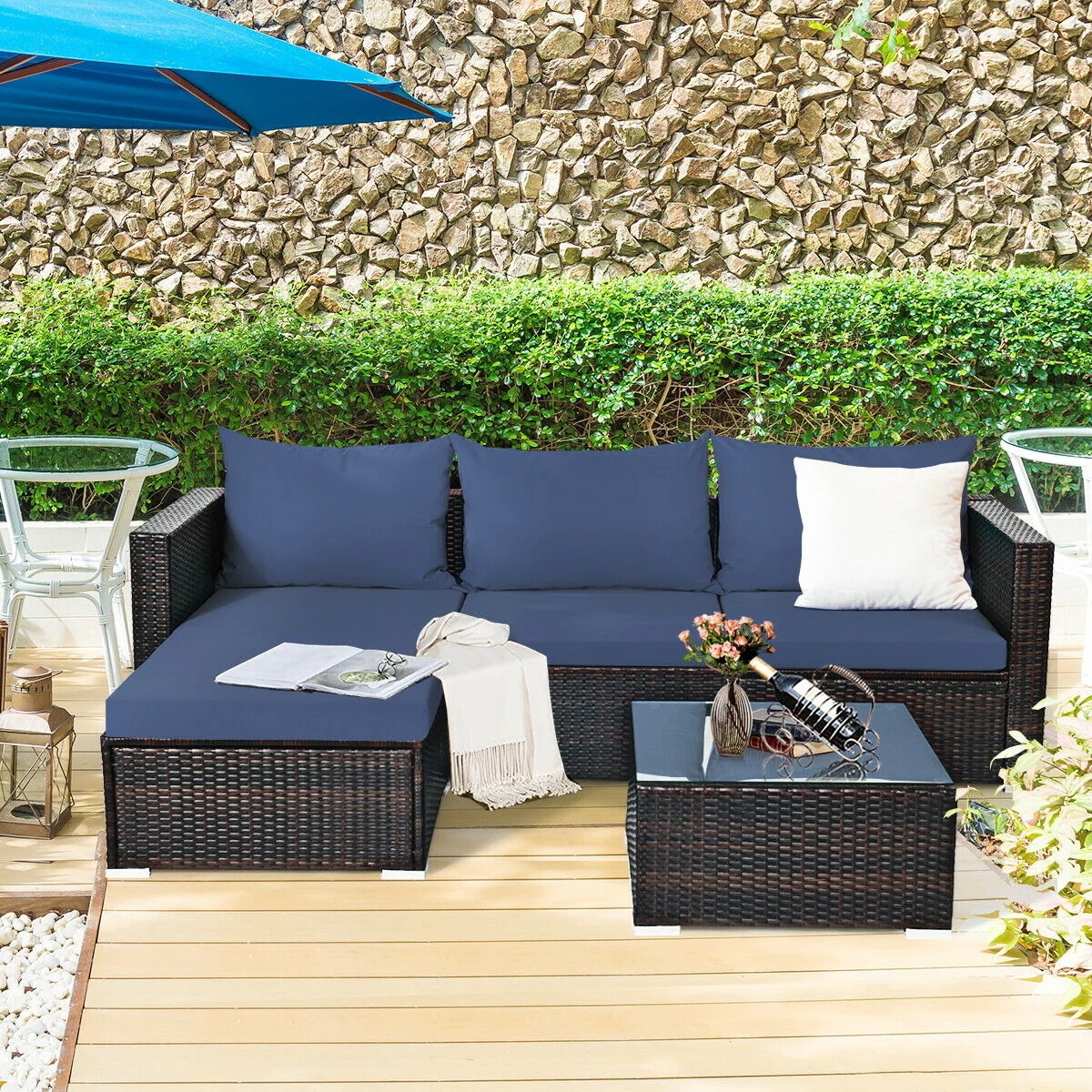 5 Piece Patio Rattan Sectional Set, Navy - Image 3