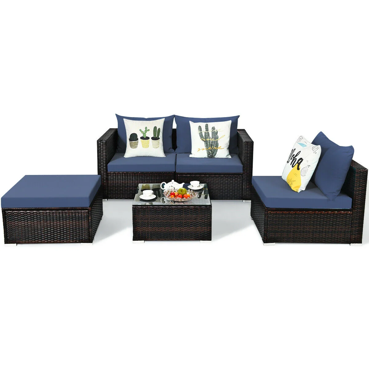 5 Piece Patio Rattan Sectional Set, Navy - Image 5