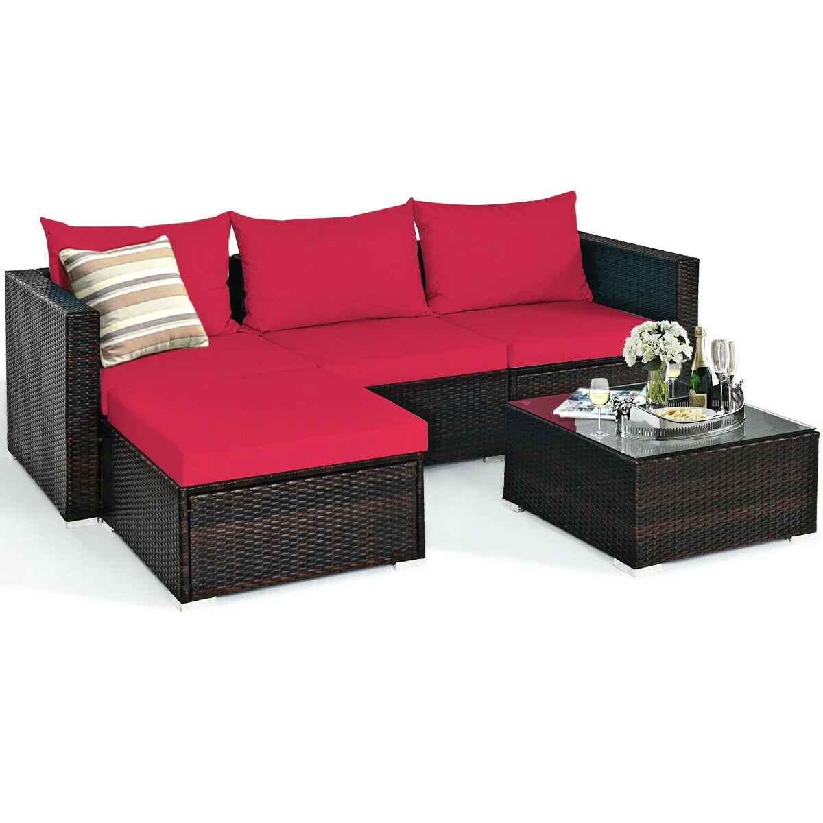 5 Piece Patio Rattan Sectional Set With Cushions, Coffee Table, Red - Image 4