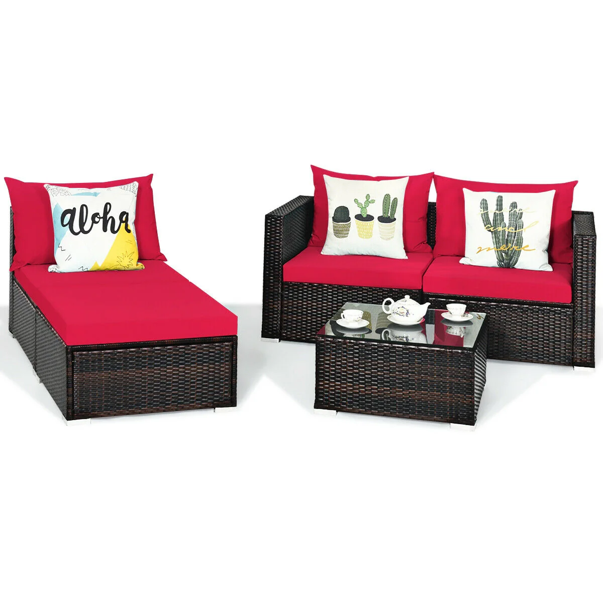 5 Piece Patio Rattan Sectional Set With Cushions, Coffee Table, Red - Image 5