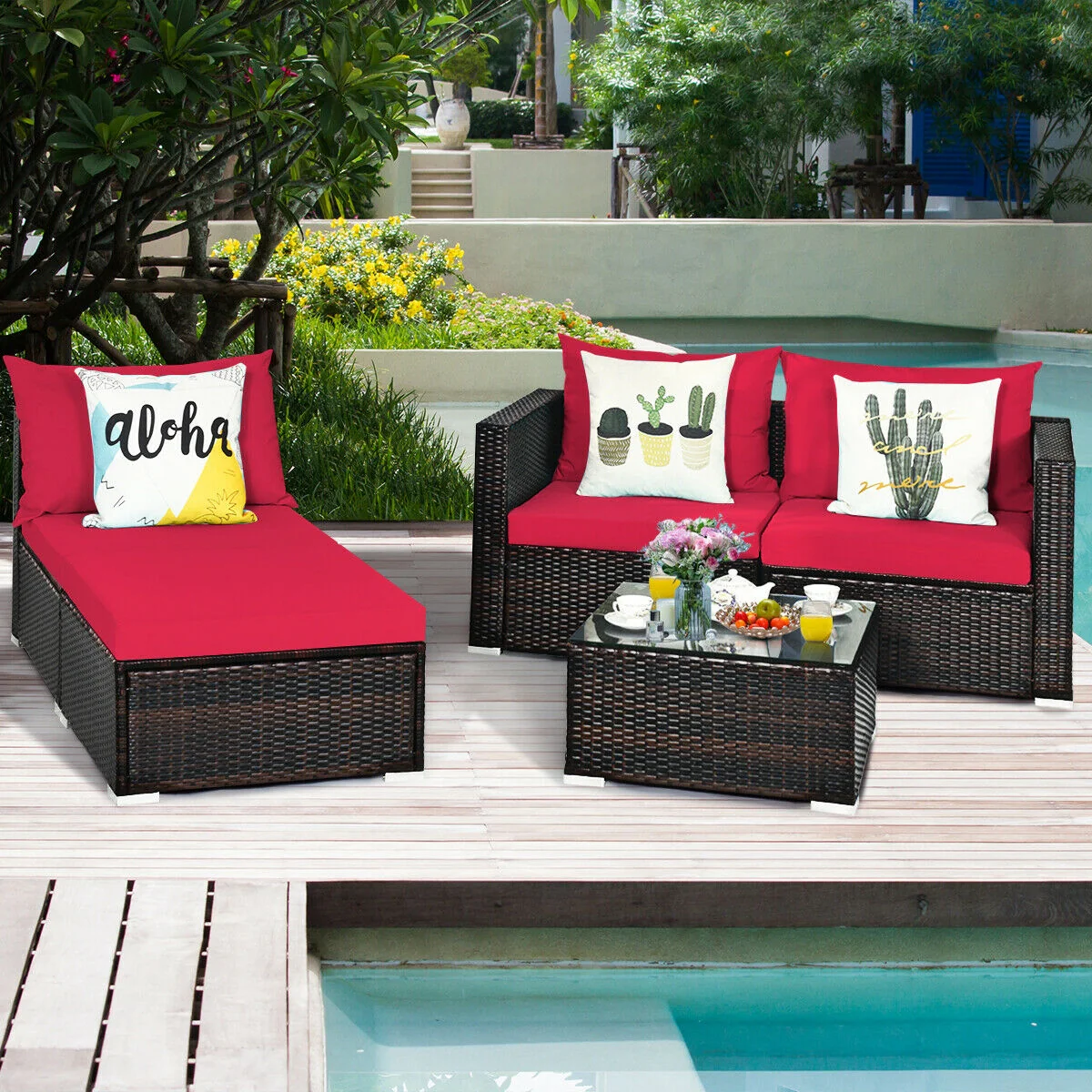 5 Piece Patio Rattan Sectional Set With Cushions, Coffee Table, Red - Image 7