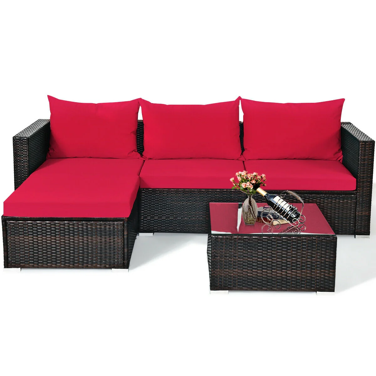 5 Piece Patio Rattan Sectional Set With Cushions, Coffee Table, Red - Image 9