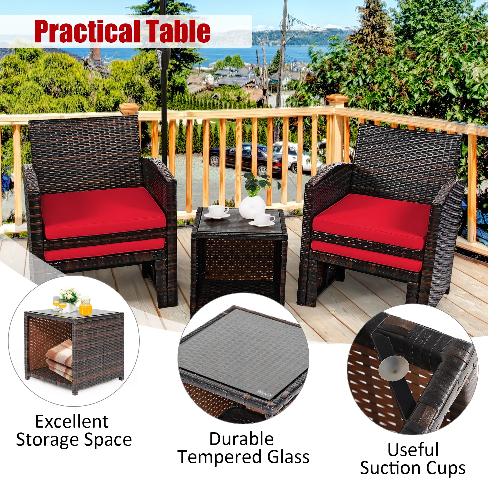 5-Piece Patio Rattan Set, Ottoman, Tempered Glass Table, Red - Image 10