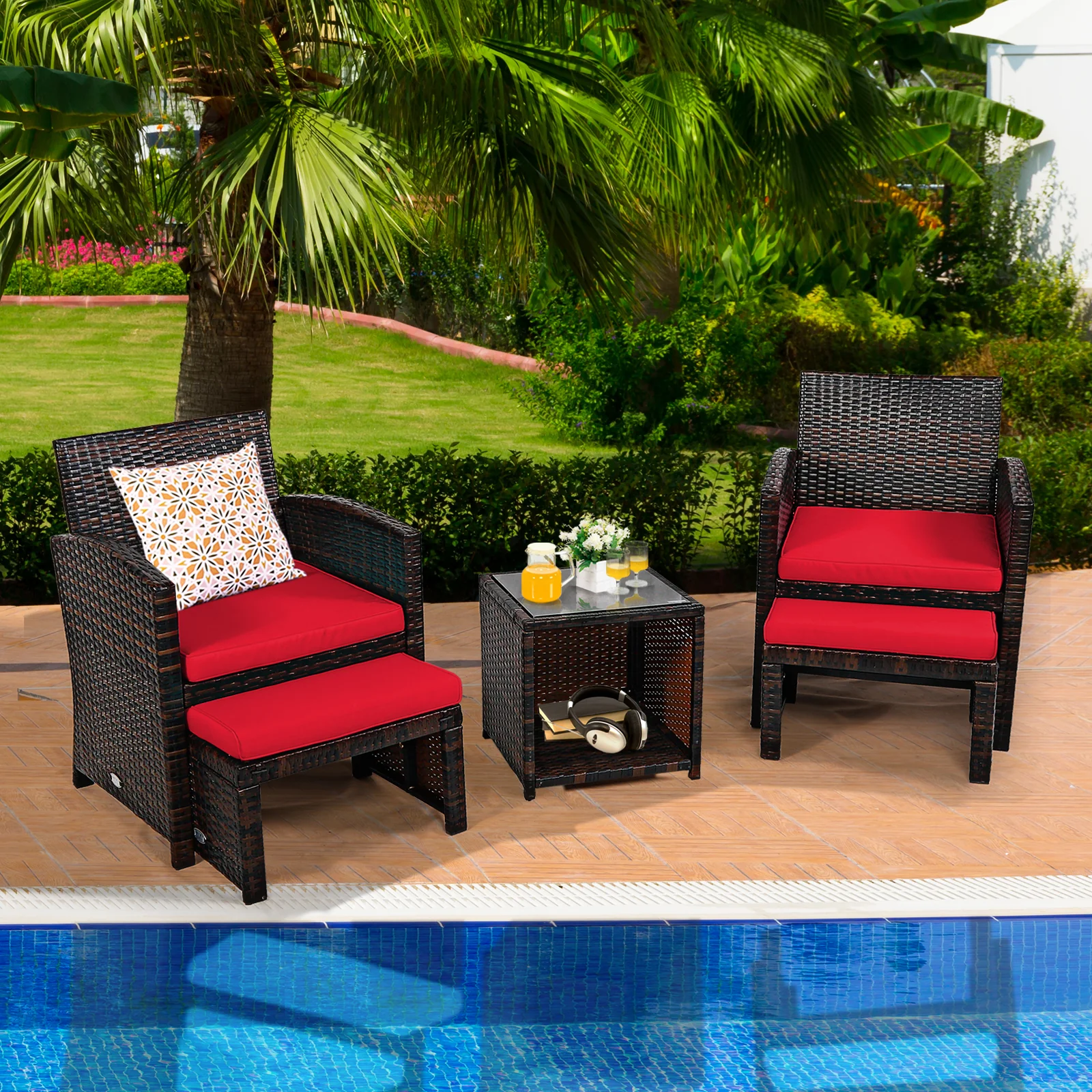 5-Piece Patio Rattan Set, Ottoman, Tempered Glass Table, Red - Image 3