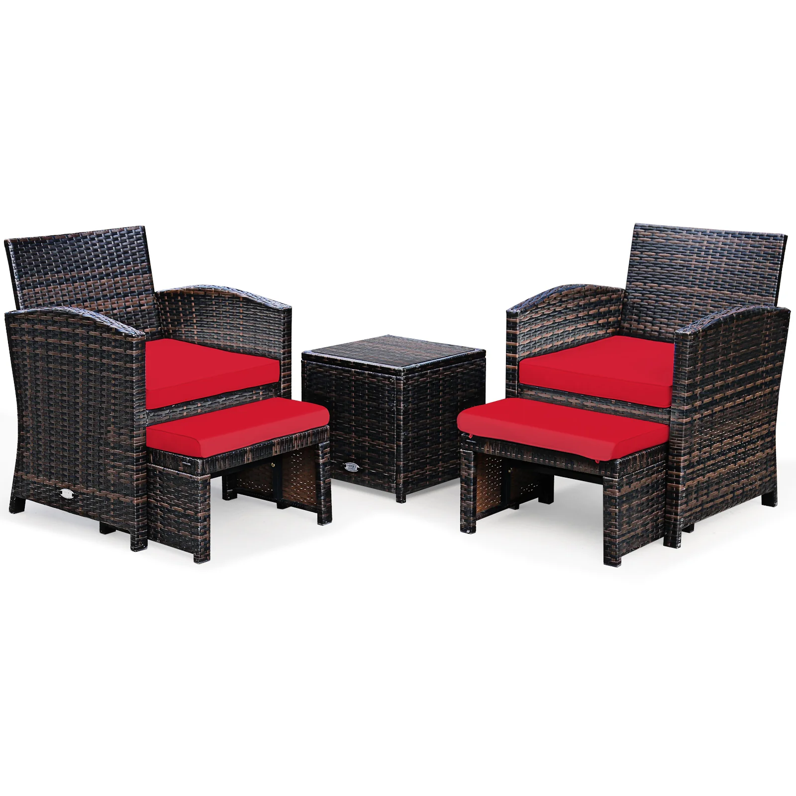 5-Piece Patio Rattan Set, Ottoman, Tempered Glass Table, Red - Image 4
