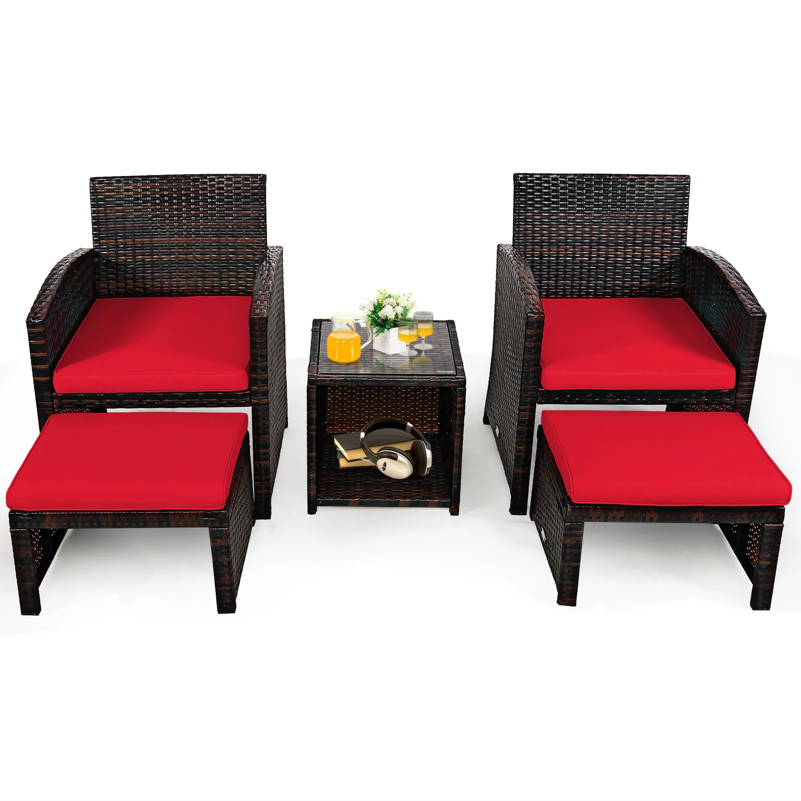 5-Piece Patio Rattan Set, Ottoman, Tempered Glass Table, Red - Image 5