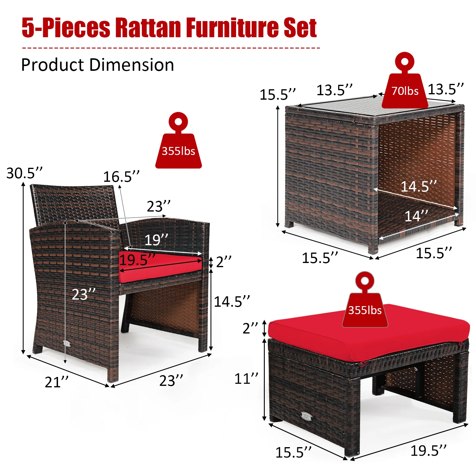 5-Piece Patio Rattan Set, Ottoman, Tempered Glass Table, Red - Image 6