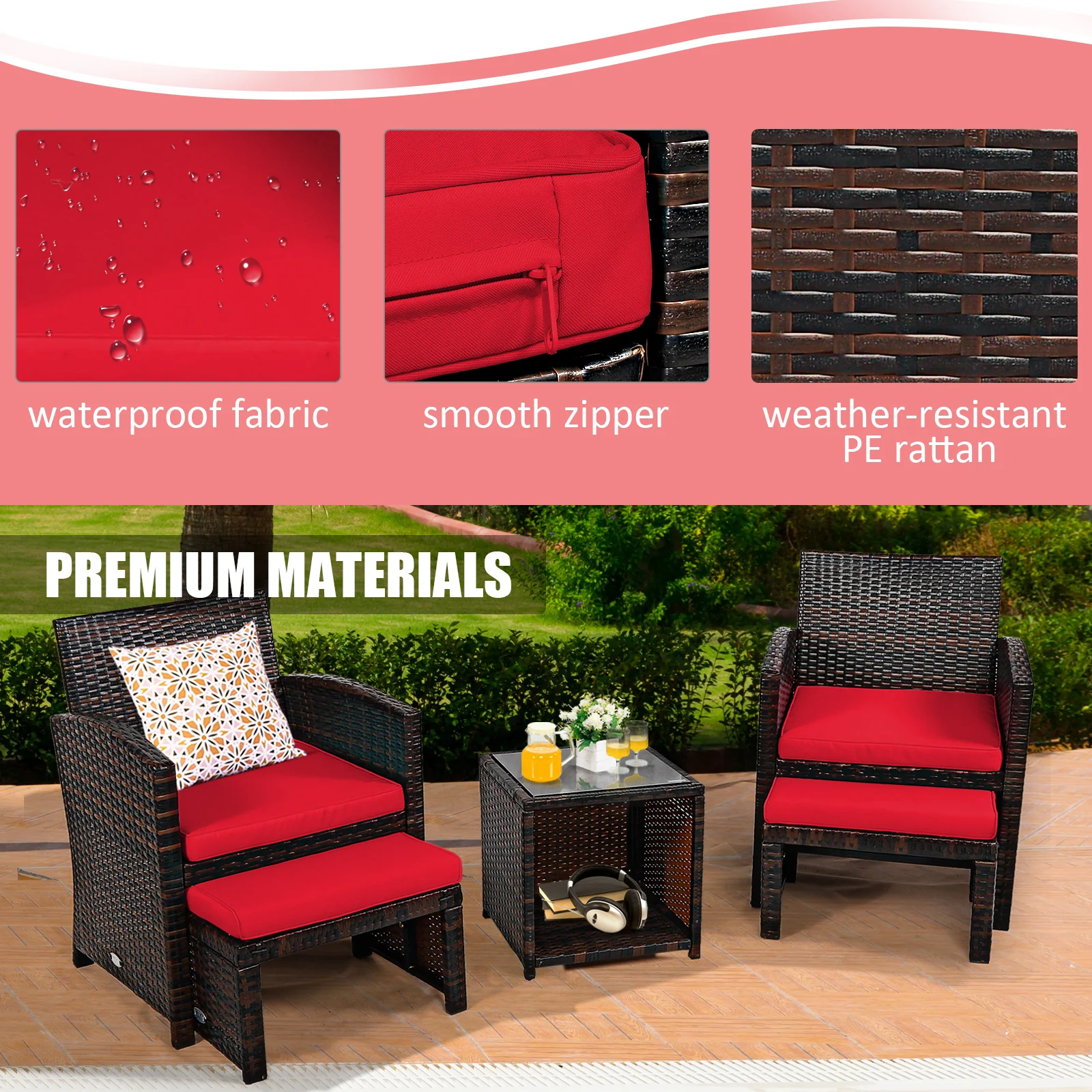 5-Piece Patio Rattan Set, Ottoman, Tempered Glass Table, Red - Image 8