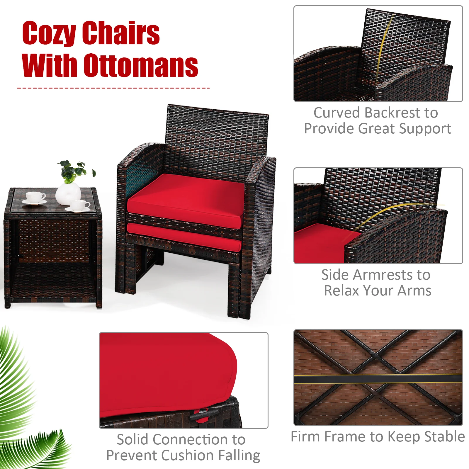 5-Piece Patio Rattan Set, Ottoman, Tempered Glass Table, Red - Image 9