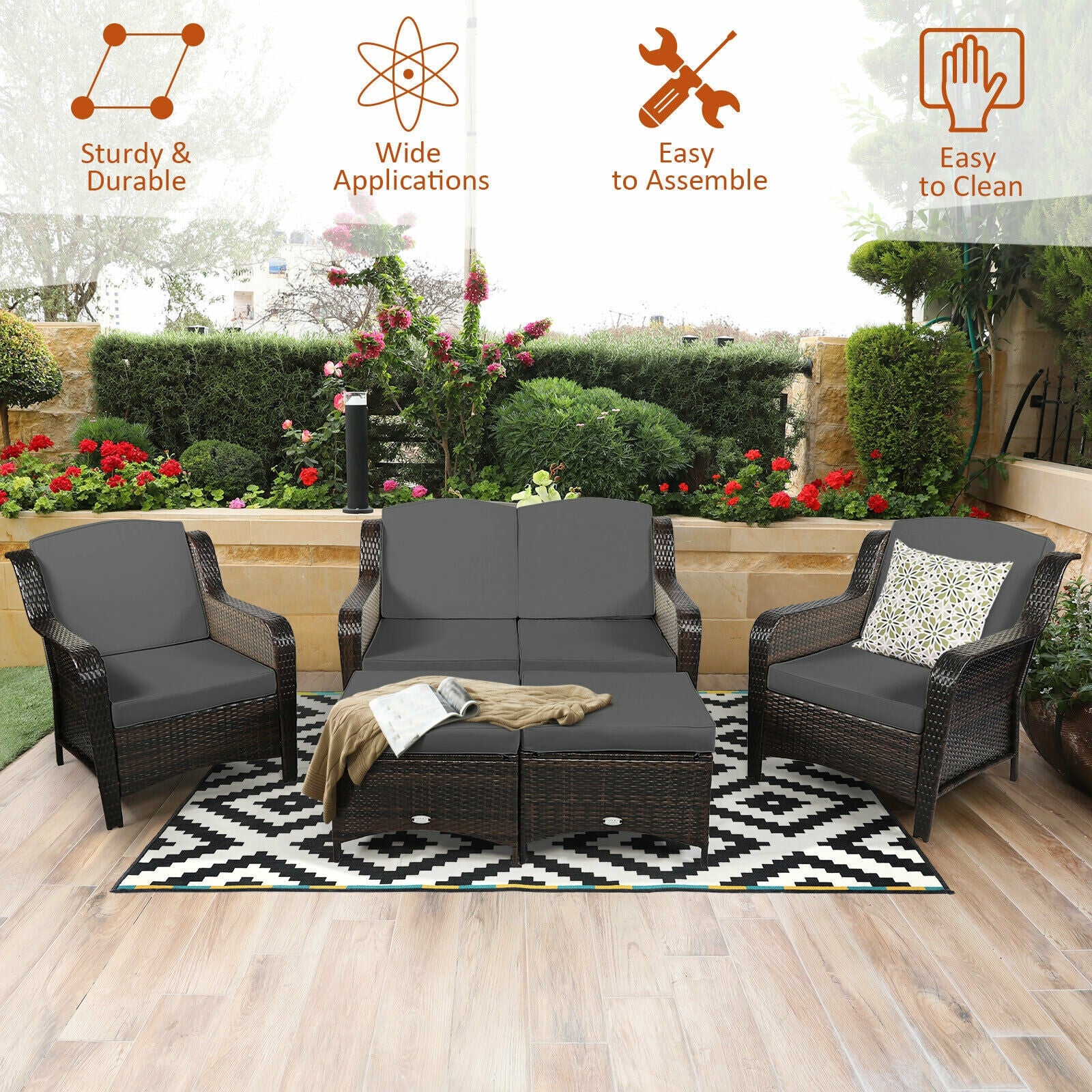 5 Piece Patio Rattan Sofa Set, Cushion Ottoman, Gray - Image 10
